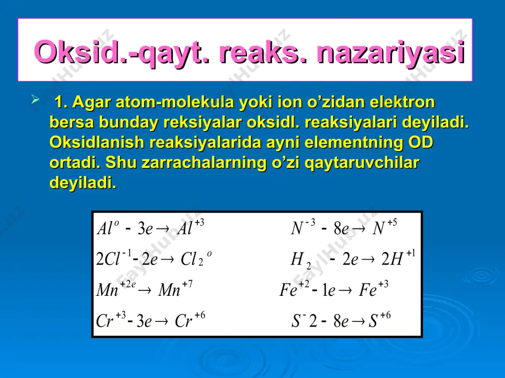 ang. kmno4, kaliy manganat k2mno4 хrом (vi)окsidi cro3, kaliy хrомаti k2cro4, kaliy diхromati k2cro7; nitrat kislotasi hno3 va uning tuzlari; kislorod о2,ozon о3, vodorod peroksidi н2о2 va uning tuzlari; sulfatkis.h 2so4(kons). mis(ii) oksidi cuo, kumush oksidi ag2o; qo’rg’oshin oksidi pbo2; aucl3,agcl; ammoniy persulfati (nh4)2s2o8 gipoxloritlar kclo; xloratlar kclo3; perxloratlar kclo4; zar suvi (3hcl+hno3); hno3 va hf aralashmasi anoddagi elektr toki. gazlar orasida: 3h2+n2=2nh3 4nh3+5o2=4no+6h2o 2so2+o2=2so3 qattiq moddalar va gazlar : 2mg(q)+o2(g)=2mgo(q) 2sb(q)+3ci2(g)=2sbci3(q) qattiq moddalar bilan suyuqliklar : 4hci(s)+mno2(q)=ci2(g)+ mn ci2(s)+2h2o(s) 16hci(s)+2kmno4(q)=5ci2(g)+2mnci2(s)+8h2o(s)+2kci(s) faqat qattiq moddalar : 2ai(q)+ fe2o3(q)=ai2o3(q)+2fe(q) c(q)+2pbo(q)= 2pb(q)+co2(g) eritmada: 3na3aso3+k2cr2o7+4h2so4= 3na3aso4+cr2(so4)3+4h2o+k2so4 2nacro2+3h2o2+2naoh=2na2cro4+4h2o od turlicha bo’lgan bir xil atomlardan iborat moddalar orasida: 2h2s+h2so3=3s+3h2o 5hci+hcio3=3ci2+3h2o disproporsiyalanish yoki o’z-o’zidan oksidl. –qayt. reaks. bitta element atomlarining o’zi ham oksidlovchi va ham qaytaruvchi bo’ladi. 3k2mno4+2h2o=2kmno4+mno2+4koh3kcio=2kci+kcio3 3hno2=hno3+2no+h2o 4 na2so3=3na2so4+na2s 6naoh+3s=2na2s+na2so3+3h2o 2koh+ci2=kci+koci+h2o 6koh+3ci2→5kci+kcio3+3h2o ichki molekulyar-oksid. qayt. reaks. od o’zgarayotgan turli xil atomlar bitta modda molekulasi tarkibiga kiradi: 2kno3=2 kno2+ o2 4hno3=4no2+2h2o+o2 2 ba(no3)2=2bao+4no2+o2 (nh4)2cr2o7=cr2o3+n2+4h2o 2hgo= 2hg+o2 …