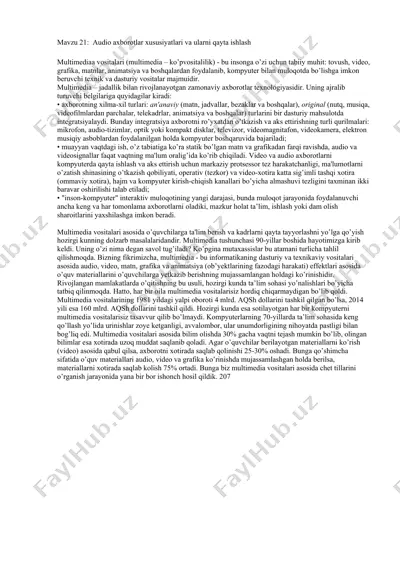 audio axborotlar xususiyatlari va ularni qayta ishlash — DOCX