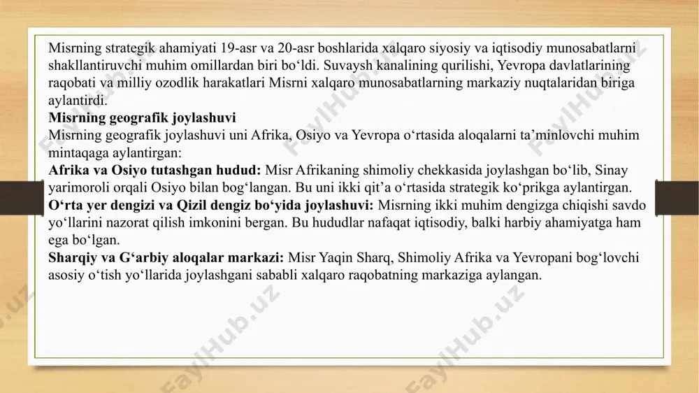 isr ustidan nazoratni boy berishiga olib keldi. g‘arb davlatlarining aralashuvi: usmoniylar imperiyasi misrdagi ta’sirini saqlab qolish uchun g‘arb davlatlariga tayanishga majbur bo‘ldi, bu esa xalqaro siyosiy nizolarni kuchaytirdi. britaniya-fransiya raqobati britaniyaning ustunlikka erishishi: 1882-yilda britaniya misrni bosib olib, uni o‘z protektoratiga aylantirdi. britaniya suvaysh kanalini nazorat qilish orqali hindiston va boshqa mustamlakalari bilan aloqa yo‘llarini mustahkamladi. fransiyaning suvaysh kanalidagi roli: fransiya kanalning qurilishida muhim rol o‘ynaganiga qaramay, britaniyaning harbiy nazoratiga qarshi chiqdi. bu ikki davlat o‘rtasidagi raqobat xalqaro munosabatlarni murakkablashtirdi. milliy ozodlik harakatlari va xalqaro aks sado misr milliy harakati: 19-asr oxiri va 20-asr boshlarida misrda milliy harakatlar kuchayib, britaniya va boshqa g‘arb davlatlari ustidan nazoratni tugatishga qaratilgan isyonlar va inqiloblar boshlandi. urabi poshsho isyoni (1881-1882): bu milliy harakat britaniyaning harbiy aralashuviga sabab bo‘ldi. 1919-yilgi inqilob: sa’d zag‘lul boshchiligidagi wafd harakati xalqaro hamjamiyat e’tiborini misr masalasiga qaratdi. xalqaro ta’sir: misrdagi ozodlik harakatlari boshqa arab davlatlaridagi milliy harakatlarga ham ilhom bo‘ldi, …