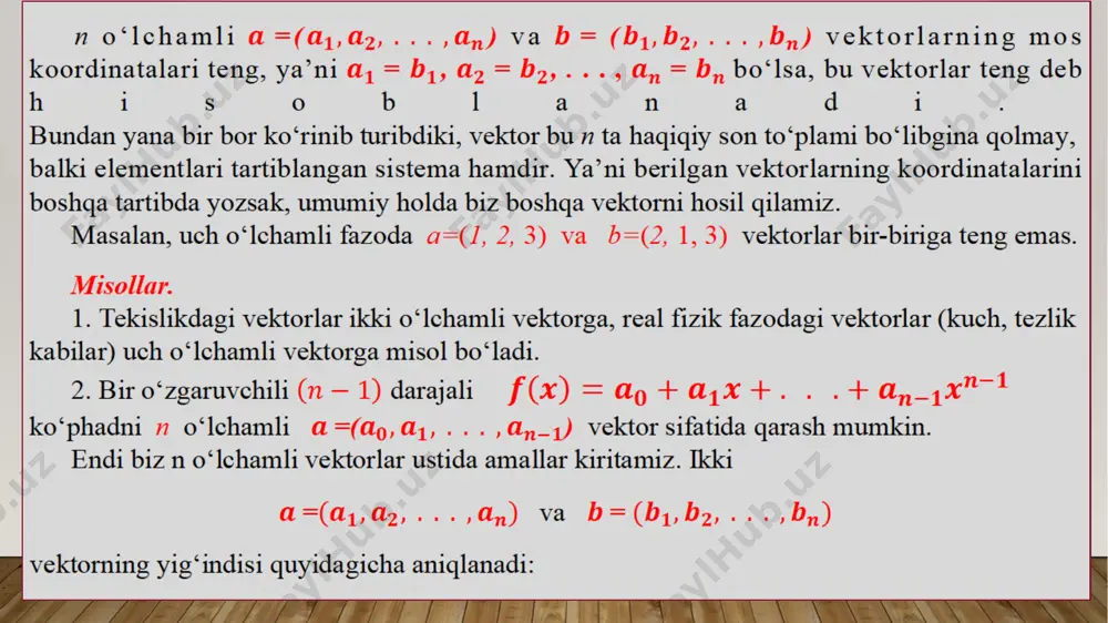 a+b=b+a 2. a+(b+c)=(a+b)+c 3. a+=a 4. a+(-a)= 5. a(ba)=(ab)a 6. 1*a=a 7. (a+b)a=aa+ba 8. (a+b)a=aa+ba 5. . r to‘g‘ri chiziqdagi musbat sonlar haqiqiy vektor fazo hosil qilmaydi, chunki  musbat son uchun qarama-qarshi - a element bu to‘plamga kirmaydi. elementlari funksiyalar yoki sonli ketma-ketliklar bo‘lgan vektor fazo image2.png image3.png image4.png image5.png image6.png image7.png image8.png image9.png image10.png image11.png oleobject1.bin image2.wmf oleobject2.bin image3.wmf image1.jpeg ( ) /docprops/thumbnail.jpeg