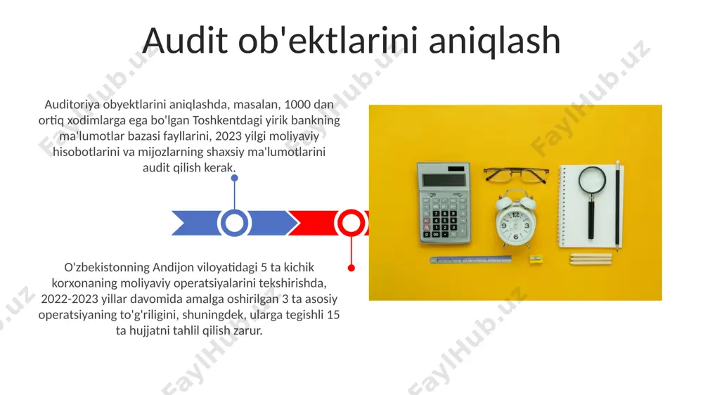 aruvi tizimlarida (dbms) xatoliklarni aniqlash uchun london va nyu-yorkdagi amaliyotlardan foydalanadi. audit metodologiyalari audit mavzusini tanlash mezonlari аудит мавзусини танлашда, тошкент шаҳридаги йирик корхоналарнинг 2022 йилги молиявий ҳисоботларида аниқланган номувофиқликлар ва 3 тадан ортиқ камчиликларни аниқлаш учун рискли соҳаларни аниқлаш муҳимдир. аудит мавзусини танлашда, 2023 йилдаги ўзбекистон республикасининг 5-сонли қонунига асосланиб, камида 3 та муҳим молиявий кўрсаткичлар таҳлилини ўтказиш ва 10% дан ортиқ хатолик эҳтимоли бўлган соҳаларни аниқлаш зарур. audit maqsadlari va vazifalari auditorlik vazifalari 2022-yilgi biznes rejasining bajarilishini baholash, buxoro shahridagi loyihalar bo'yicha 3 million so'mlik mablag'lar sarf-xarajatlarini tekshirish va moliyaviy risklarni aniqlashni o'z ichiga oladi. tekshiruvlarning maqsadi – xalqaro standartlar (iso 9001)ga muvofiqligi va samarqand viloyatidagi 5 ta filialning faoliyatida 10 ta muhim xatoliklarni aniqlash va ularni bartaraf etish yo'llarini taklif qilish. nazorat choralari 2023-yilning birinchi choragida buxoro viloyatida amalga oshirilgan nazorat choralari davomida 15 ta korxona hujjatlarining toʻliqligi va qonun ustuvorligi jihatidan tekshiruvdan oʻtkazildi. samarqand viloyatidagi nazorat …