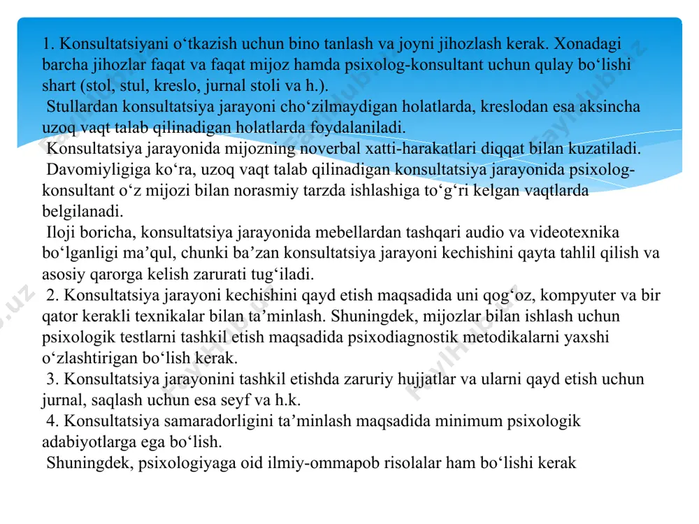 psixolog ohang nimani anglatishini kuzatishi kerak: qalbning iliqligi yoki sovuqligi, qiziqish yoki zerikish, g‘amxo‘rlik yoki g‘amxo‘rlikning yetishmasligi. 4. jismoniy masofa. suhbat paytida odamlar orasidagi masofa qancha - qo‘lning uzunligichami yoki undan ko‘proqmi. 5. vaqt. vaqtning yuqori darajada tuzilganligi. uchrashuvlarning aniq vaqtiga rioya qiling. 6. verbal ergashish. mijozning aytganlarini diqqat bilan tinglash. mijoz gapirayotganda suhbatni to‘xtatish yoki yo‘nalishini o‘zgartirishdan saqlaning. diqqatli xulq-atvor maslahatning markaziy jihati hisoblanadi. u 4 ta holatni o‘z ichiga oladi: -ko‘z bilan (vizual) aloqa qilish; - talab qilinadigan imo-ishora tili; -ovoz ohangi; -mijozning hikoyasini verbal kuzatish. selektiv (tanlangan) diqqat: psixolog mijoz nutqining ayrim qismlariga tanlab eʼtibor beradi yoki tanlab eʼtibor bermaydi. ko‘pincha, mijoz o‘z hikoyalarida bir mavzudan ikkinchisiga o‘tishida, nima muhimroq va nima muhim emasligini aniqlashida. uning qarashlariga qarab siz alternativlardan birini tanlang. shuni esda tutish kerakki, barcha yordam ko‘rsatish mumkin bo‘lgan va qilgan qarolar (shu jumladan telefon maslahatchilari yoki boshqa yordamchilar) ish paytida vaziyatni murakkablashtiradigan hissiy reaksiyalarni …