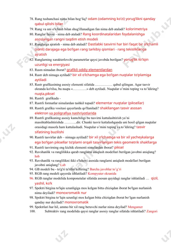 o'rsatilgan javobni aniqlang? gif 56. o'zida milliondan ortiq rangni jamlovchi grafik tasvirlarni saqlovchi format ko'rsatilgan javobni aniqlang? jpeg 57. palitra deb nimaga aytiladi? aniq bir grafik tasvir uchun foydalanadigan biror bir rang modeli asosida tashkil qilingan ranglar to‘plami 58. pcx (pcexchange) formati – bu grafik axborotlarni standart taqdimot formati zsoft fimasi tomonidan ishlab chiqilgan va paintbrush hamda photofinish dasturlarida qo‘llaniladi. 59. piksel nima? tasvirni biror elementini ifodalovchi displey nuqtasi 60. piksel ? rasmning elementar ob`ekti 61. png formati – bu boshqalarga ko‘ra yangi hisoblanadi, hamda internet uchun maxsus ishlab chiqarilgan 62. png formati asosan nimalarni tahrirlashda ishlatiladi? internet va grafik muharrirlarni 63. psd (photoshop document) formati – bu adobe photoshop dasturi 64. qaysi format grafikli formatli hisoblanadi? jpeg 65. jpeg fotosuratlar va shunga o‘xshash tasvirlarni saqlash uchun ishlatiladigan mashhur rastrli grafik formatlaridan biri 66. tio 67. pps 68. doc 69. qaysi grafik muxarrirlardan biri rastrli bo'lib hisoblanadi? adobe photoshop 70. …