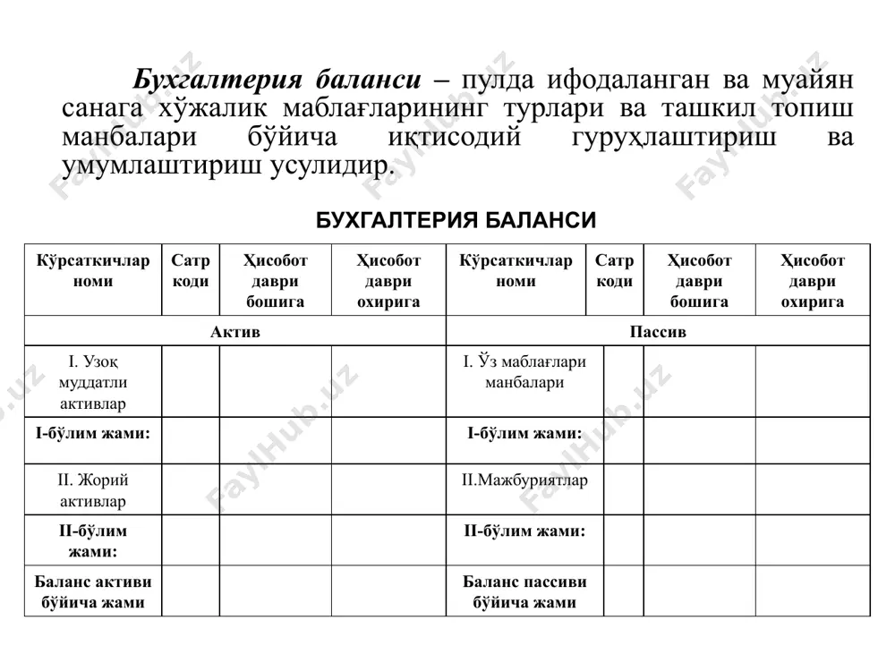 тларини тавсифлабгина эмас, маблағлар турларини қандай мақсадларга мўлжалланганлигини ҳам тавсифлаш учун ишлатиладиган бўлди. мажбуриятларни уч хил хусусиятга эга бўлиши керак: а) активларни чиқиб кетиши ёки хизмат кўрсатиш йўли билан тўлашни вужудга келтирадиган мавжуд доимий мажбуриятни ўзида мажассамлаштириши; б) субъект учун мажбуриятни бажарилиши мажбурийлиги ва қарийиб муқаррарлиги; в) олдинги битим ёки олдинги воқеалар натижаси бўлиши. меҳнат воситалари - инсоннинг яратаётган буюмларига ўз таъсирини ўтказувчи воситалар ҳисобланади. меҳнат воситалари таркибда ишлаб чиқариш қуроллари (машиналар, асбоб - ускуналар, асбоблар) етакчи ролни ўйнайди. меҳнат воситаларига шунингдек, иморатлар, иншоотлар, транспорт воситалари ва хўжалик инвентарлари ҳам киради. улар ишлаб чиқариш жараёнини нормал амалга ошириш учун керакли шароитлар яратиб, уни тўғри ташкил этишга ёрдам беради. меҳнат буюмлари маҳсулот тайёрланадиган бошланғич материалдан иборат. уларга хом ашё ва материаллар, ярим тайёр маҳсулотлар ва тугаланмаган ишлаб чиқаришлар киради. шу гуруҳга ёрдамчи материаллар ва ёқилғилар ҳам киради. барча меҳнат воситаларининг умумийлиги шундан иборатки, улар фақат биргина ишлаб чиқариш жараёнида истеъмол қилиниб, …