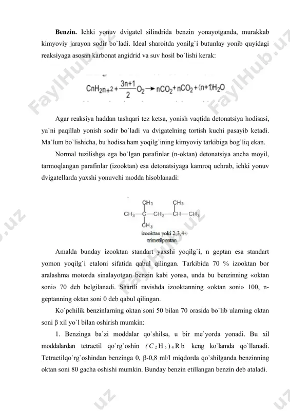 gi fraksiya kerosin deyiladi. kerosin ham turli-tuman maqsadlarda, asosan, traktorlar uchun yoqilg`i sifatida ishlatiladi. hozirgi zamon samolyotlarida ham yoqilg`i sifatida kerosin ishlatiladi. kerosinning tutashini kamaytirish uchun tarkibidagi aromatik uglevodorodlar miqdori kamaytiriladi. to`yinmagan birikmalarni yo`qotish maqsadida kerosin sulfat kislota, vodorod xilorid kabilar bilan ishlanadi. kerosinni turli xil katalizatorlar ishtirokida krekingga uchratib benzin va gazsimon alkan hamda alkenlar hosil qilish mumkin. gazoyl yoki boshqacha dizel yoqilg`isi ham deyiladi. u 250-300 0c da qaynaydi. uning ko`pchilik qismi krekingga uchratilib, benzin olinadi va dizel dvigatellarida yoqilg`i sifatida ishlatiladi. surkov moylari. neftni hay dash jarayonida qolgan yuqori molekulali qovushqoq suyuqlik surkov moylari sifatida ishlatiladi. surkov moylari ham begona moddalardan tozalanadi. surkov moyiga xloretil efir, fenol va suyuq sulfat angidrid kabi erituvchilar ta`sir ettirilganda tarkibidagi aromatik uglevodorodlar va to`yinmagan birikmalar yo`qoladi. surkov moyi tarkibidagi parafinni yo`qotish uchun neft metiletilketon va toluol aralashmasida eritiladi va eritma sovitilganda parafin kristallanadi. shu yo`l bilan tozalangan moy oksidlanishi oldini olish …