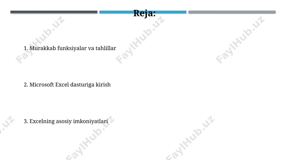 tistikasini tahlil qilish va kelgusi oy uchun prognozlarni aniqlash mumkin, bu esa savdo strategiyasini optimallashtirishga yordam beradi. ma'lumotlarni kiritish va tahrirlash excelda 1000 ga yaqin qator va 16384 ustundan iborat jadvallar yaratish va ularga ma'lumotlarni qo'lda yoki avtomatik ravishda kiritish mumkin. "data validation" funksiyasi yordamida ma'lumotlarni kiritish qoidalarini belgilash orqali xatoliklar sonini kamaytirish va ma'lumotlarning to'g'riligini oshirish mumkin. fayllarni boshqarish va eksport qilish excelning "save as" funksiyasi orqali siz 500 mb gacha bo'lgan fayllarni turli xil formatlarda saqlashingiz va ularni boshqa dasturlar bilan osongina almashishingiz mumkin. katta hajmdagi ma'lumotlarni samarali boshqarish uchun excel sizga 1 million qatorgacha bo'lgan jadvallarni yaratish va ularni bir nechta varaqlarda tashkil qilish imkoniyatini taqdim etadi. grafiklar va diagrammalar yaratish microsoft excel 2d va 3d grafik turlarining 100 dan ortiq variantini, jumladan, ustun, chiziqli, yoysimon, sochilish va boshqa ko'plab diagrammalarni yaratish imkonini beradi. excel, ma'lumotlarni vizualizatsiya qilish uchun turli xil rang sxemalari, shriftlar va effektlarni qo'llash …