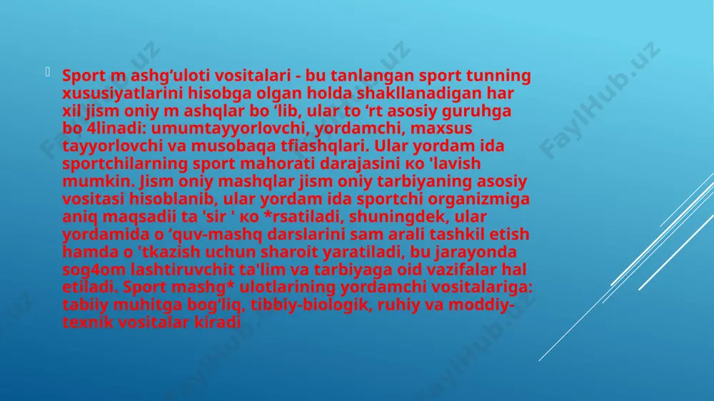 n sakrashlar. 2. boshqa sport turlariga xos mashqlar. umumtayyorlovchi mashqlar doirasi ancha keng va xilma-xil. ularni tanlashda ushbu talablarga rioya qilish kerak: a) mashqlar sportchining har tom onlam a rivojlanishini ta’minlashi; b) shu bilan birga, ular sport ixtisosligi xususiyatlarini aks ettirishi lozim. shu bilan bog‘liq holda umumtayyorlovchi mashqlar sportchining maxsus xususiyatlarini shakllantirishga bilvosita ta’sir ko‘rsatadigan sifat hamda ko4nikm alam ing rivojlanishiga ijobiy ta’sir qilishi kerak. boshqacha aytganda, ular yordam ida u yoki bu sport faoliyatini takomillashtirish uchun poydevor yaratilishi zarur. sport amaliyotida umumtayyorlovchi mashqlar: 1) sportchining sport nuqtai nazaridan takom illashuvida yordamchi aham iyatga ega bomgan malaka va ko‘nikmalami shakl lantirish, mustahkamlash yoki tiklash uchun; 2) sportchining ishchanlik qobiliyati umumiy darajasini ko‘tarish yoki bir m e’yorda saqlab turish uchun; 3) jism oniy sifatlarni ixtisoslashtirib rivojlantirish maqsadida funktsional poydevor yaratish uchun; 4) faol dam olish, harakat yuklam alarida sportchining organizmidagi tiklanish jarayonlarini tezlashtirish, m ashg4ulotning bir m e’yordaligini bartaraf etish uchun …