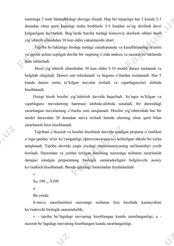 k samaradorligini aniqlash uchun daraxtdan terilgan hosilning sifati aniqlanadi va davlat standarti (gost) bo’yicha navlarga ajratiladi. har bir daraxtdan olinadigan sifatli hosil miqdori aniqlanadi. olma qurti sonini zarar keltirish darajasidan past holda saqlagan (zararlanish umumiy hosilning foizidan kam bo’lishi), shuningdek, sotib olish, qo’llash harajatlaridan ancha yuqori qo’shimcha foyda keltirgan preparatgina samarali hisoblanadi. hisob ko’rsatkichlari quyidagi jadvallarga tushiriladi: jadval olma qurtiga qarshi sinalgan..............................................preparatning (preparat nomi) xo’jalik samaradorligi (tajriba o’tkazilgan joy, ekin, nav va kun.) bo’laklar daraxtlar soni, dona bir daraxtdan olingan o’rtacha hosil, s/ga jumladan navlar bo’yicha 1 2 3 kg % kg % kg % sinalayotgan preparat andoza nazorat (dorisiz) nsr yanga preparatlarni sinashda ularning iqtisodiy samaradorligini ham baholash kerak. baholash ishlari esa umumiy bo’limda ko’rsatilgan tarzda bajariladi. bog’ kanalari do’lana o’rgimchakkanasi – tetranychus (ampitetranychus) vinensis l. bog’ o’rgimchakkanasi - schizotetranychus pruni. kanalar bog’ biotsenozi shakllanishida asosiy o’rin tutadi. o’zbekiston sharoitida ularning bir necha turi uchraydi. ayrim hududlarda do’lana o’rgimchakkanasi …