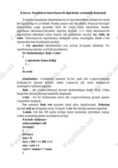 dasturlashda takrorlanuvchi algoritmlar — PDF