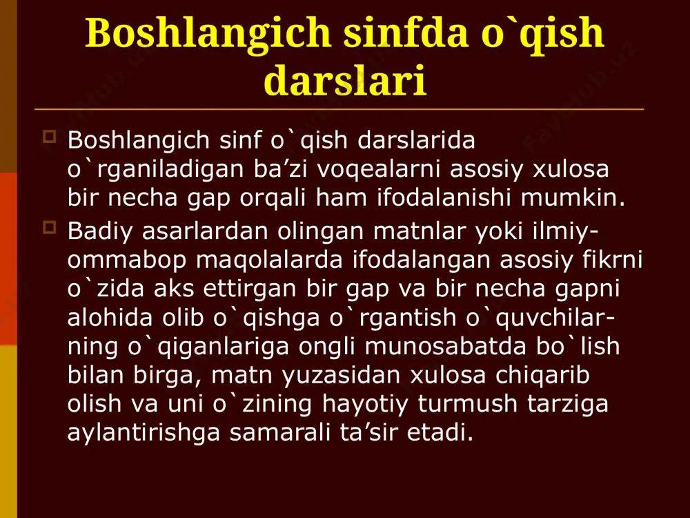 lovchi gaplar ham qatnashadi. ba’zan ana shunday gaplarni o`qish ham mumkin. asarda qatnashuvchilarning nutqida ham so`roq mazmunli gaplar beriladi. o`quvchilarning fikrlash faoliyati va badiiy asar mazmunini idrok etishlarini takomillashtirish uchun ma’lum bir matndagi so`roq gaplarni javoblari bilan birga o`king tarzidagi topshirik ham bo`lishi mumkin. 3-sinf o`qish kitobining 207-betidagi “do`stlar” mavzusini o`qishda o`quvchilar quyidagi so`roq gapni javobi birga qo`shib o`qishadi. “do`stlar” bir chamanzorda qarg`a, ohu, toshbaqa va sichqon do`stlashib yashardi. kunlardan birida ohu ovchining turiga tushib qolgach barcha do`stlari uning yoniga borishdi. sichqon to`rni qirqa boshladi. shu payt toshbaka ham etib keldi. ohu esa unga shunday dedi: do`stim nega kelding? agar sichqon tuzoqning to`rlarini kesib meni qutqarsa-yu, birdan ovchi kelib qolsa, sen nima qilasan? men qochib jonimni qutqaraman. sichkon teshikka kiradi. qarg`a esa osmonga uchadi. sen nima qilasan? nega kelding? toshbaka dedi? – birodar, qanday kilib kelmayin? baxtsizlik yuz berganda odamga tasalli beradigan, og`ir kunlaringda dardingni yengil qiladigan do`st-ko`rsatkichli do`st bilan …