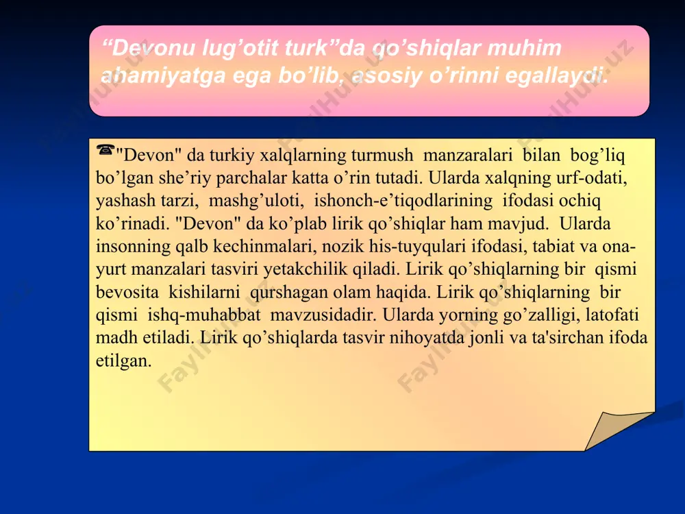 kan tuzoq. bo’ldi azobi uzoq, endi o'zing em qilgin.) qo'shiqning lirik qahramoni „sevib qoldim" degan jo'n ifoda o'rniga „oyog'im tuzoqqa ilindi" degan tashbeh ishlatadi. bu hol-ning to'satdan, kutilmaganda, bir ko'rishdan bo’lganligini esa, „ko'rmazib o'g'ri tuzaq" tarzida ifodalaydi. oshiq „oyog'i" emas, aslida, qalbi „tuzoq"dan, ya'ni muhabbatdan azoblangani, yara-dor bo'lganini va bunga faqat ma'shuqaning o'zigina em - davo qilishi mumkinligi juda ham ta'sirchan va go'zal yo'sinda ifodalanadi. boshqacha aytganda, qo'shiqda she'riy timsollar bilan ish ko'riladi. bu, albatta, „devonu lug'otit turk" kitobidagi qo'shiq-larning badiiyati yuksakligini ko'rsatadi. ayni shu hol bu qo'shiqlarning o'rgamchik emasligi, aksincha, katta estetik tajriba sama-rasi ekanligidan dalolatdir. o'zbeklar orasida juda keng yoyilgan, hozirga qadar ham turli shakllarga solib kuylanayotgan xalq qo'shiqlaridan biri „qarg’alar uchsa qaraylik" satri bilan boshlanadigan qo'shiqdir. unda suyganiga intilib, yetolmagan oshiq holati g'oyat dardchil tasvir etilgan. qarg'a - qish elchisi. turkiy xalqlar uchun qish ko'ngilsizlikni bildiradi. u ayriliq, xazon, yo'qotish singari ezgin tushunchalar-ni ifodalaydi. shu bois oshiq …