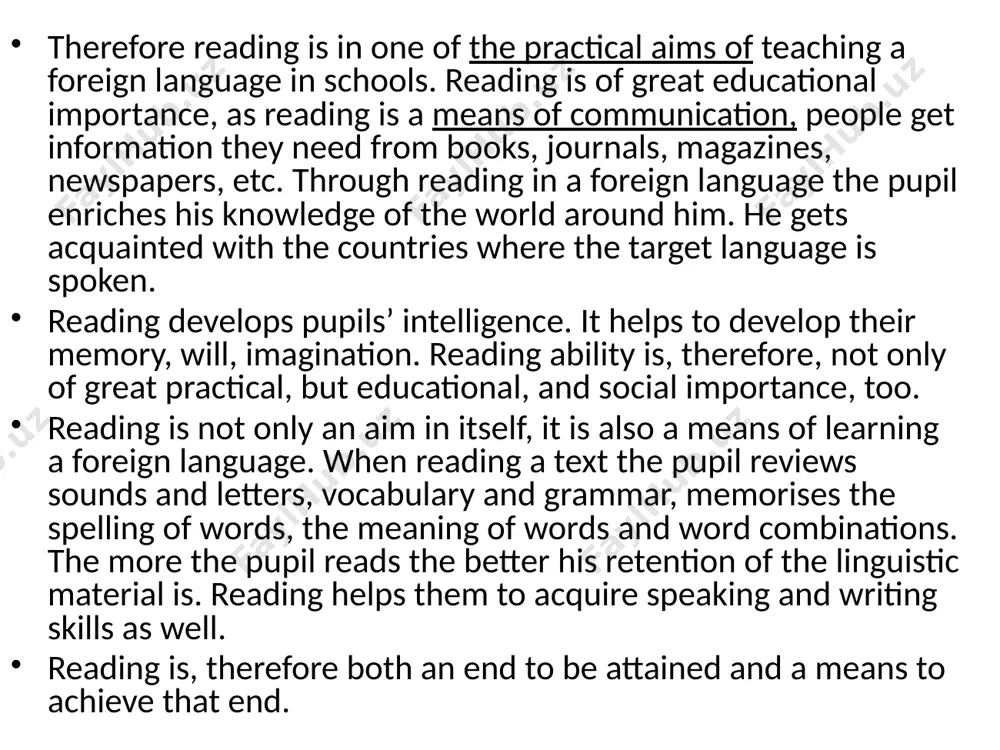 s often ignore grammar and try to understand what they read relying on their knowledge of autonomous words. and, of course, they often fail, e.g. the sentence he was asked to help the old woman is understood as он просил помочь старушке, in which the word he becomes the subject and is not the object of the action. pupils sometimes find it difficult to pick out topical sentences in the text which express the main ideas. to make the process of reading easier new words, phrases and sentences patterns should be learnt orally before pupils are asked to read them. so when pupils start reading they know how to pronounce the words, the phrases and the sentences, and are familiar with their meaning. consequently, in order to find the most effective ways of teaching the teacher should know the difficulties pupils may have. the teacher can use the whole system …