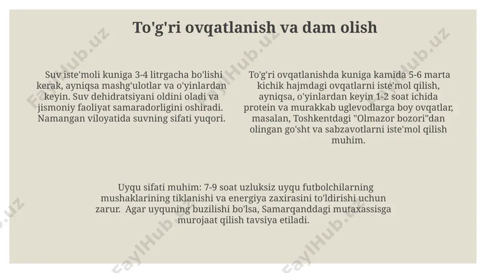 ntlarni 800 metr yugurish bilan almashtirish, to‘liq o‘yin sharoitlarida tezlik va chidamlilikni oshirishga yordam beradi. toshkentdagi stadionlarda bunday mashqlar keng qo‘llaniladi. umumiy chidamlilik tushunchasi umumiy chidamlilik futbolchining 90 daqiqalik oʻyin davomida yuqori intensivlikdagi harakatlarni (yugurish, sakrash, toʻp bilan ishlash) uzluksiz bajarish qobiliyatini, masalan, "old trafford" stadioni kabi katta maydonlarda ham, ifodalaydi. yaxshi umumiy chidamlilikka ega boʻlish uchun futbolchi kamida 10 km masofani turli intensivliklarda yugurishi, 30 dan ortiq sprintlarni amalga oshirishi va 50 ta toʻp bilan mashqlarni bajarishi kerak. umumiy chidamlilikni rivojlantirishda, masalan, intervallar usulida yugurish, braziliya uslubidagi mashqlar va kuch mashqlari kombinatsiyasi, oʻyinchining 2-3 baravar samaradorligini oshiradi. o'yin holatlarini taqlid qilish o'yin holatlarini taqlid qilishda, masalan, 70 metr masofaga 5 marta yugurish, keyin 2 daqiqa dam olish, buni 3 marta takrorlash, futbolchilarning chidamliligini sezilarli darajada oshiradi va haqiqiy o'yin sharoitlariga moslashishga yordam beradi. "yo'qotish" mashqlari, 20 metrlik sprintlarni 10 marta takrorlashni o'z ichiga olib, keyin 30 soniya tiklanish, braziliya …
