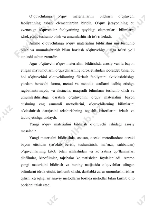 anaviy metodlarni boshqa metodlar bilan kushib olib borishni talab etadi. o’qituvchi o’quv materialini bayon etganda, laboratoriya amamliy ishlarni bajarish vaqtida, mashqlar jarayonida, mustaqil kuzatishlar vaqtida ijodiy harakterdagi ishlarni bajarish natijasida o’quvchilar yangi bilimlar oladilar. o’qituvchining vazifasi o’quvchilar faoliyatining hamma turlarini bilimlar olish va ularni kengaytirish manbayiga aylantirishdan iborat. o’quv materialini bildirish metodini tanlash, o’rganilayotgan materialning mazmuni, harakteri va murakkabligiga, mashғulotlarning didaktik maqsadiga, o’qitish vositalari bor – yukligiga, o’quvchilarning dastlabki bilimlari va shu kabilarga ko’p jixatdan boғliq. kasb-hunar maktablaridagi o’quv jarayonining uziga xos xususiyati shundan iboratki, o’quvchilarning nazariy mashғulotlari bilan bir qatorda katta xajmda ishlab chiqarish ta’limi ham o’tkaziladi. bu hol o’qituvchidan o’quvchilarga o’quv materialini amaliy rejada bildirishni talab qiladi, bu esa o’quvchilarning materialni idrok etishiga ta’sir ko’rsatadi. shuning uchun o’quv materialini bildirish metodlarini tanlashda o’qituvchi o’quvchilarning ishlab chiqarish tajribalarini, ularning o’qitilish davrini, o’rganilayotgan materiallarning amaliyot bilan boғliqligini ham e’tiborga olish zarur. o’quv matekrialini bildirish metodlarini tanlash bir qator sub’ektiv faktorlarga, …