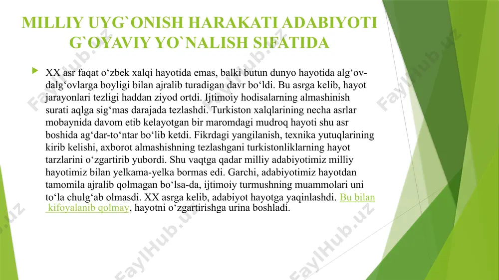 arvarligi ijtimoiy-siyosiy harakati negizida mamlakat xalq xo’jaligini isloh etish, milliy davlatchilik asoslarini qayta tiklash hamda jahon ilg’or an’analarini hayotga tatbiq etish maqsadi kuzatiladi. taraqqiyparvar ziyolilar qatlamiga mansub mahmudxo’ja behbudiy, hamza, munavvar qori, fitrat, abdulla avloniy, siddiqiy-ajziy, abdulqodir shakuriy, hoji muin shukrulla faoliyatini birlashtiradigan ijtimoiy-siyosiy maslak aholi turmush tarzini yaxshilash, millat manfaati ustuvorligini ta’minlash va o’lkani jaholat iskanjasidan xalos etishni yetakchi a’mol darajasiga ko’tarayozdi. xalq o’z foydasini anglashi (mahmudxo’ja behbudiy) faqat va faqat ma’rifat bilan bog’lanadi. yosh avlod ma’naviyatini shakllantirish davlat siyosati ustuvor yo’nalishi sanaladi. jadid adabiyoti faqat mavzu jihatidan emas, balki ifodasiga ko‘ra ham ommaga yaqinlashtirildi. badiiy asarlarda tasvir injaligi, ifodaning yangiligidan ko‘ra, zalvorli va keskin fikr aytishga e’tibor kuchaydi. she’riyat aruzga xos ohangdorlikdan chekinib, barmoqqa xos ochiqlikka erishdi. kuylanishdan da’vatga aylandi. jadid adabiyoti to‘lig‘icha millatni uyg‘otishga qaratilgan edi. bu adabiyotning qahramoni avvalgi davrdagiday yuqori tabaqa vakillari yoki ilohiy qudrat bilan nurlantirilgan siymolar emas, balki ommaning ichidan chiqqan, unga qaytib …