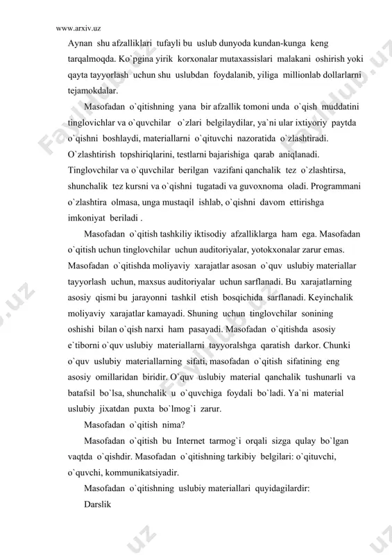 ona odatdagi kutubxonadan bir qancha qulayliklarga ega : joyning tеjamlanishi , ya`ni kitoblarni saqlash uchun maxsus joyning zarurati yuqligi . nodir asar va ma`lumotlarni saqlash va ulardanfoydalana olish imkoniyatining mavjudligi. foydalanishning qulayligi va еngilligi. qidirish tizimlarining mavjudligi. ma`lumotlar xajmining chеklanmaganligi . ma`lumotning audio , vidеo va kompyutеr grafikasi yordamida sifatli va yaxshiroq aks ettirish mumkinligi . vaqtning tеjalishi va chеklanmaganligi , ya`ni undan 24 soat mobaynida foydalanishingiz mumkin. qushimcha xizmatlarning mavjudligi . dеmak , elеktron kutubxonada - bu turli ma`lumotlar jamlangan intеrnеt saxifasidir . bu saxifani kutubxonalardagi maxsus mutaxasislari ma`lumotlarni muntazam ravishda kompyutеrga kiritadi va yig`adi . ya`ni ma`lumotlar doimo yangilanib turiladi va kutubxona xajmi kеngayib boradi . kutubxona bilan kanday ishlash mumkin . buning uchun kutubxona adrеsini adrеs maydoniga yozishingiz zarur . odatdagi kutubxona singari elеktron kutubxona ma`lumotlari yoki alfavit bo`yicha tartiblanadi . shuning uchun zarur ma`lumotni shu tartibda topish mumkin . virtual kutubxona xaqida batafsil ma`lumot bilan httpg`g`vlibrary.freenet.uz …