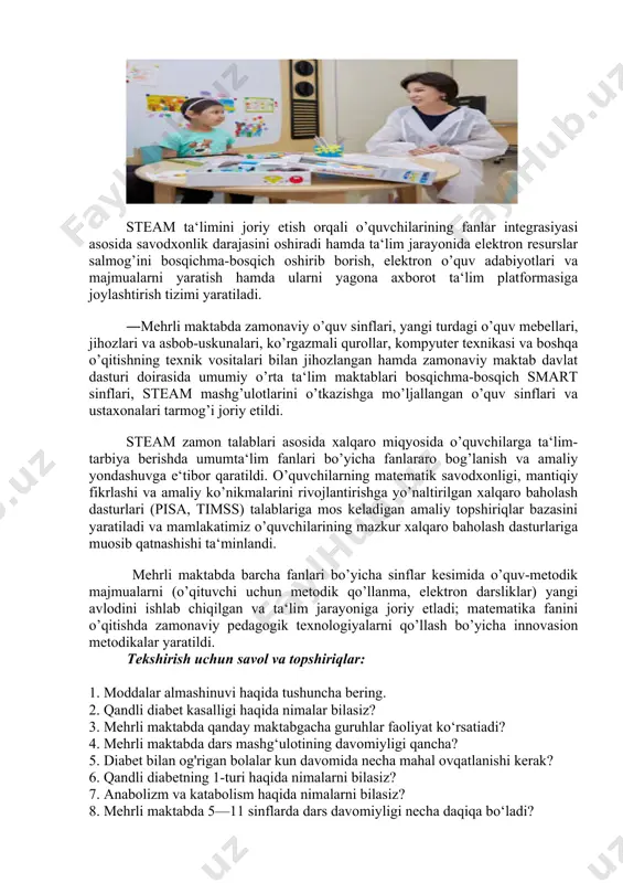 olalar uchun statsionar davolash-profilaktika muassasalarida tashkil etiladigan guruhlar. ularda parvarish qilish va nazorat qilish ishlari ota-onalarning faol ishtirokida tashkil etiladi; maktabgacha ta’lim gospital guruhlari, ilk rivojlanish yoshidagi bolalarga mo‘ljallangan o‘yin guruhlari. davolanayotganlarni maktabgacha gospital guruhlariga qabul qilish mehrli maktab tomonidan taqdim etiladigan ro‘yxatlar asosida amalga oshiriladi. markazda davolanayotganlar uchun alohida ishlab chiqilgan o‘quv rejasi asosida 1—11-sinflar hajmida umumiy o‘rta ta’lim beriladi. dars mashg‘ulotining davomiyligi boshlang‘ich ta’lim (maktab)ning 1—4 sinflarda 35 daqiqa, 5—11 sinflarda 40 daqiqa bo‘ladi. bunda bir kunlik dars mashg‘ulotlari boshlang‘ich sinflarda 3 soatdan, yuqori sinflarda 4 soatdan oshmasligi kerak bo‘ladi. o‘quv haftasi davomiyligi 5 kunlik asosida olib boriladi. maktabga tashrif albatta shifokor ko’rsatmasi bilan bo’ladi. shifokor yurishga ruxsat bermagan taqdirda, pedagog zamonaviy texnologiyalari bilan birgalikda bola huzuriga o’zi tashrif buyuradi va muolaja paytida darslar ham o’z vaqtida o’tiladi. uzoq muddatli davolanish jarayonida bolaning xotirasi bilan bog’liq va avvalgi bilimlari yodidan ko’tarilib qolish holatlari ham uchrab turadi, shunda avvalgi …