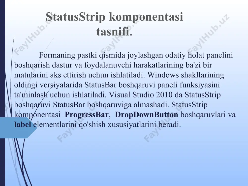 oundimage xususiyati statusstrip boshqaruvining fon rasmini o'rnatish uchun ishlatiladi. xususiyatlar dizaynerida backgroundimage xususiyatini bosganingizda, 5-rasmga o'xshash resurs muharriri ko'rasiz, bu yerda siz import tugmasini bosib suratni ko'rishingiz yoki kompyuter hotirasidagi manbalardan foydalanishingiz mumkin. windows forms ilovasini yaratamiz va formga statusstrip boshqaruvini qo'shamiz. men shuningdek formaga uchta tugmachani boshqaruv sifatida qo’shamiz. shundan so'ng, formaga ikkita statusstripstatuslabel, bitta statusstripdropdownbutton va bitta statusstripprogressbar boshqaruv elementlarini qo'shamiz. endi statusstrip dropdownbutton ga uchta ob'ektni "items" xususiyatidan foydalanib qo'shamiz va uning matnini va oldingi ranglarini qizil, yashil va ko'k ranglarga o'zgartiramiz. men shuningdek ushbu menyu elementlari uchun "click" voqea ishlov beruvchilarini qo'shamiz. menyu elementlarini hodisalarni qayta ishlash vositasi quyidagicha ko'rinadi: statusstrip ning orqa rangini o'zgartirish uchun menyu elementlarini bosing va progressbar boshqaruvining joriy qiymatini ishga tushirish uchun start tugmachasini bosing. statusstrip dastur davomida qo’llanilishi. namespace statusstrip2 { public partial class form1 : form { public form1() { initializecomponent(); } private void form1_load(object sender, eventargs e) { …