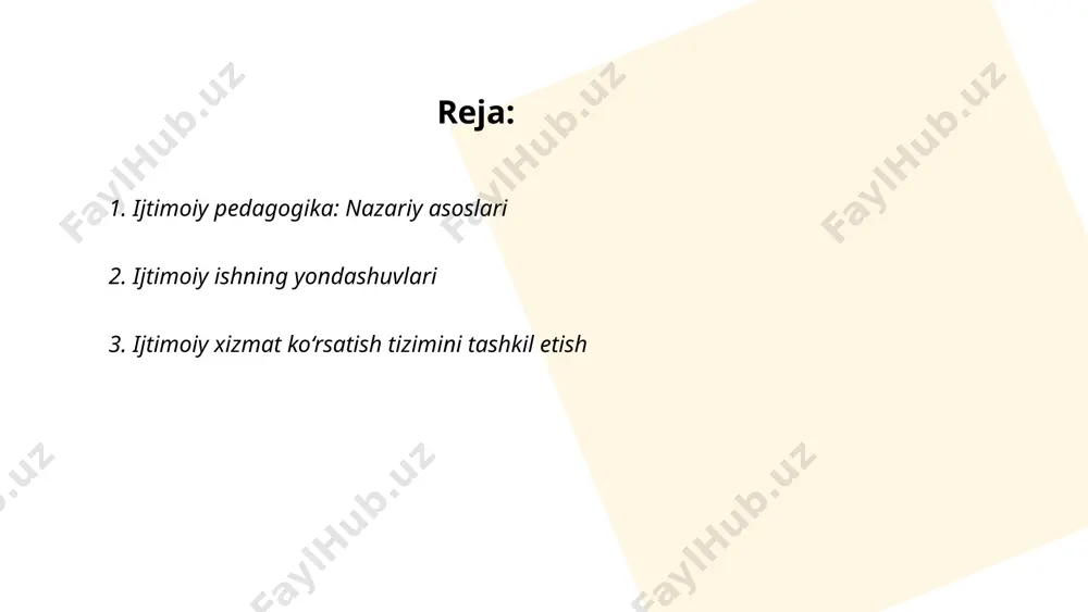 hkil etilgan bo‘lib, ular aholiga turli xizmatlarni taqdim etmoqda. 2022-yilda bu markazlar orqali 200 mingdan ortiq kishi xizmatlardan foydalangan. ijtimoiy xizmatlar odatda aholining zaif qatlamlariga, jumladan, nogironlar va yolg‘iz yashovchi qariyalar uchun mo‘ljallangan. ijtimoiy himoya dasturlari orqali davlat tomonidan 1,2 million oila moliyaviy yordamdan foydalangan. yiliga ajratiladigan mablag‘ 700 milliard so‘mga yetgan. ijtimoiy xizmat tizimini rivojlantirishda axborot texnologiyalari orqali xizmatlarni avtomatlashtirish va onlayn murojaat imkoniyatlari yaratilmoqda. ... t.me/slaydai_bot 4. jamiyatda ijtimoiy pedagogik jarayonlar jamiyatda ijtimoiy pedagogik jarayonlar insonlar o'rtasidagi ta'lim va tarbiya munosabatlaridir. ushbu jarayonlar maktab, oila va mahalla kabi ijtimoiy institutlarda amalga oshadi. maktabda 12 yillik ta’lim tizimi qo‘llaniladi. ta’lim olishda aholi ishtiroki 95% dan ortiq. pedagog-xodimlar soni qariyb 1 millionni tashkil qiladi. ijtimoiy pedagoglar yoshlar bilan tarbiyaviy ishlar olib boradi, umuman olganda, jamiyatda ahloqiy qadriyatlarni mustahkamlashga qaratilgan. ilmiy tadqiqotlarga ko‘ra, 70% dan ortiq ota-onalar ta’lim jarayonida faol qatnashadilar. shu bilan birga, turli xil ijtimoiy muammolar, masalan, oilaviy nizolar …