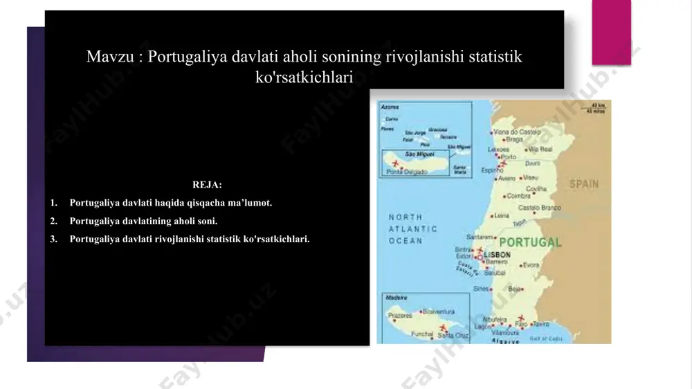 btropik. oʻrta dengizga xos. yanv. ning oʻrtacha t-rasi sohilda 10°, ichki hududlarda 8° gacha, iyulniki — sohilda 20° va ichki hududlarda 27°. yogʻingarchilik sohilda yiliga 1000 mm, togʻlarda 2000 mm. doru (duero), teju va gvadiana daryolarida kema qatnaydi. shim. da togʻ-oʻrmon podzol, markaziy va jan. hududlarda qoʻngʻir va jigarrang, dare vo-diylarida allyuvial tuproklar. sohilda botqoq yerlar, shoʻrxok tuproklar koʻp. mamlakat jan. oʻsimliklari oʻrta dengiz atrofiga xos, togʻlar makvis chakalakzorlari b-n qoplangan, shim. dagi togʻlarda tosh eman va poʻkak eman, kashtan, sohilda qaragʻayzorlar uchraydi. togʻlardagi kattagina maydonlar oʻtloq. hayvonot dunyosi boʻri, tulki, suvsar, genetta, tipratikan, yovvoyi quyon va h. k. lardan iborat. kemiruvchilar, koʻrshapalaklar, har xil parranda koʻp. jeresh va ria formoza milliy bogʻlari, bir necha qoʻriqxonalar bor. portugaliya davlatining o’zbekiston respublikasi bilan munosabatlari oʻzr bilan portugaliya oʻrtasidagi savdo-iqtisodiy munosabatlarning meʼyoriy-huquqiy asoslari shakllangan. oʻzr prezidenti i. karimovning 1996-y. 2—3 dek. da portugaliyaga rasmiy tashrifi chogʻida havo transport qatnovi va turizm sohasidagi …