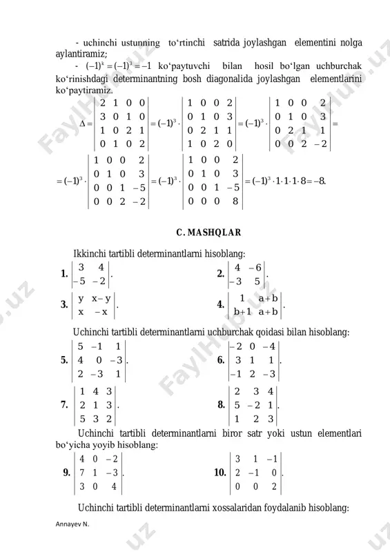 rni hisoblang: 49. 2236 43516 2138 1124     . 50. d b c a 325 023 000 010 . annayev n. misol va masalalar (yechimlari bilan) 2.1-misol.        21 43 a matritsaga teskari matritsani toping va natijani tekshiring. yechish. berilgan matritsaning determinantini hisoblaymiz: .246 21 43 det a .0det a a matritsa uchun teskari matritsa mavjud. matritsa elementlarining algebraik to‘ldiruvchilarini topamiz: ,22)1( 11 11  a ,11)1( 21 12  a ,44)1( 12 21  a .33)1( 22 22  a a matritsaga teskari matritsani topamiz: . 2 3 2 1 21 31 42 2 1 det 1 2212 21111                            aa aa a a tekshirish: . 10 01 2 3 2 1 21 21 …