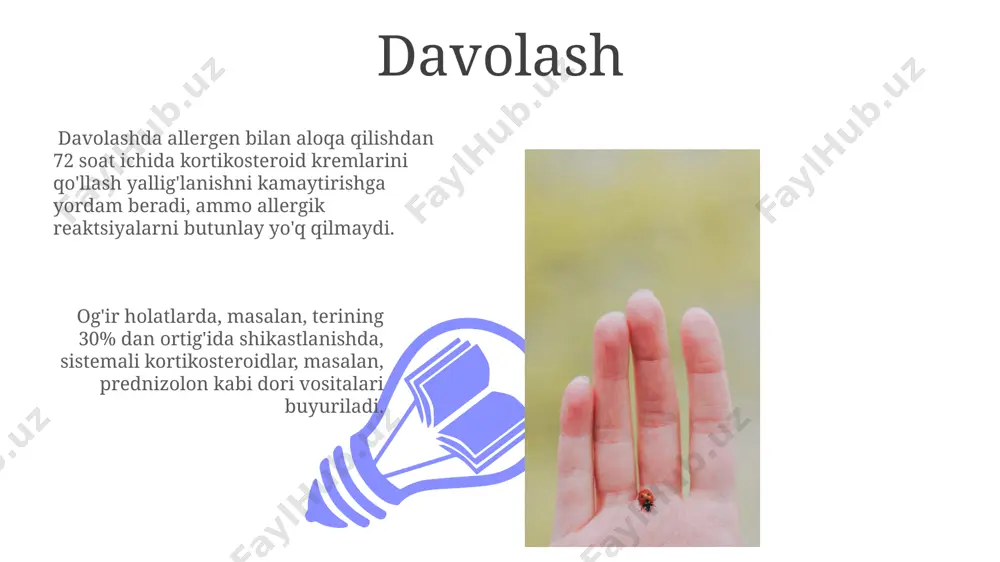 ‘riq kiradi, bu esa bemorning turmush sifatini sezilarli darajada pasaytiradi va uyqu buzilishiga olib kelishi mumkin. allergiyali kontakt dermatitining sabablari allergik kontakt dermatitning sabablaridan biri 100 dan ortiq turdagi kimyoviy moddalar, masalan, nikel, xrom, lateks va kosmetika tarkibidagi ba’zi komponentlar hisoblanadi. allergiya rivojlanishida genetik moyillik muhim rol o‘ynaydi; agar oilangizda atopik dermatit yoki boshqa allergik kasalliklar bo‘lsa, sizda ham xuddi shunday xavf yuqori bo‘ladi. prognoz 01 02 kontakt dermatitining (titish va allergik) prognozi, toʻgʻri davolash bilan, odatda yaxshi, ammo 70-80% hollarda qaytalanish xavfi mavjud. sales 1st qtr 2nd qtr 100 0 sales 1st qtr 2nd qtr 100 0 e'tiboringiz uchun rahmat @taqdimot_robot image4.jpg image5.jpg image6.jpg image7.jpg image8.jpg image9.jpg image10.jpg image11.jpg image12.jpg image13.jpg image14.jpg image15.jpg image1.jpeg image2.jpeg image3.jpeg