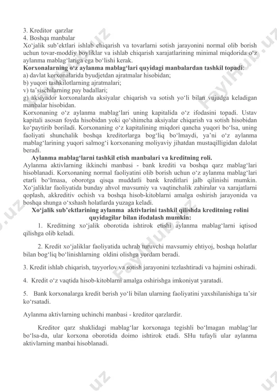 oriya sifatida qaramaydilar. ularning fikricha, aylanma fondlargina iqtisodiy kategoriya sifatida tovar ishlab chiqarish jarayonining asosini tashkil qiladi. aylanma aktivlarning yana bir xususiyati - ularning tashkil qilinishi va ulardan foydalanishdir. aylanma aktivlarning aylanishini boshlash uchun avvalom bor avanslashtirilgan qiymatga ega bo‘lish lozim. aylanma aktivlar korxona balansining aktiv qismida ko‘rsatilib quyidagi tarkibiy guruhlarga bo‘linadi. i guruh. tovar-moddiy boyliklar, bularga: 1. ishlab chiqarish zahiralari; 2. tayyor mahsulot; 3. tovarlar kiradi. ii guruh. ishlab chiqarish xarajatlari, bularga: 1. tugallanmagan ishlab chiqarish; 2. kelgusi davr xarajatlari va boshqalar kiradi. iii guruh. pul mablag‘lari, bularga: 1. g‘aznadagi pul mablag‘lari; 2. valyuta mablag‘lari; 3. hisob-kitob schyotidagi pul mablag‘lari; 4. boshqa schyotlardagi pul mablag‘lari kiradi. iv guruh. debitorlar, bularga: 1. xaridor va buyurtmachilar bilan hisoblashishlar; 2. bo‘nak to‘lovlari; 3. byudjet bilan hisob-kitoblar; 4. xodimlar bilan hisob-kitoblar; 5. shu’ba korxonalar bilan hisob-kitoblar; 6. uyushma korxonalar bilan hisob-kitoblar; 7. ta’sischilar bilan hisob-kitoblar; 8. boshqa debitorlar kiradi. aylanma aktivlar o‘zining qaysi …