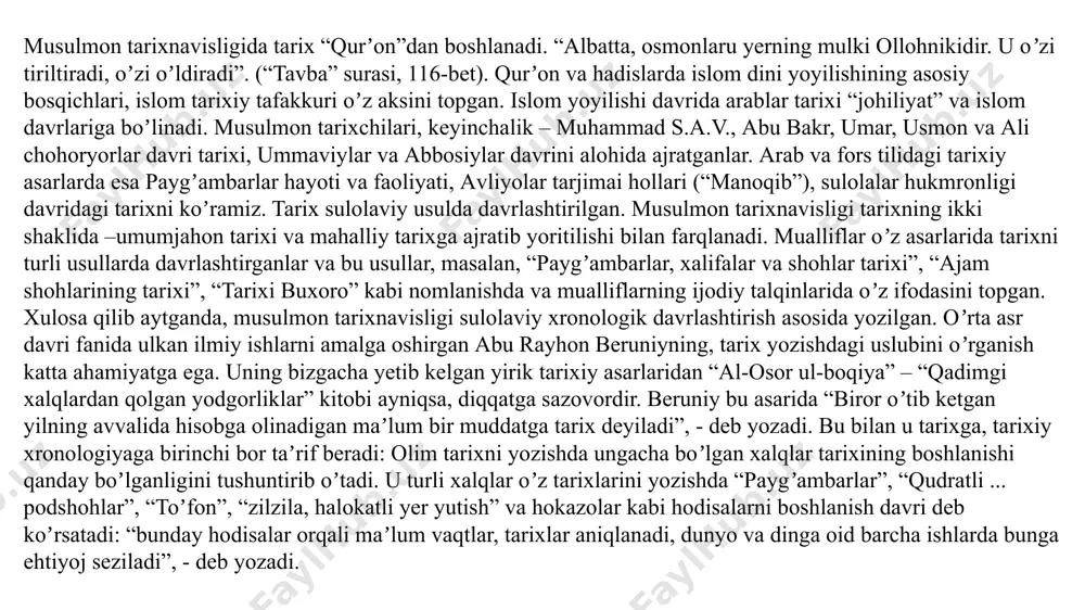 gʼambarlar”, “qudratli ... podshohlar”, “toʼfon”, “zilzila, halokatli yer yutish” va hokazolar kabi hodisalarni boshlanish davri deb koʼrsatadi: “bunday hodisalar orqali maʼlum vaqtlar, tarixlar aniqlanadi, dunyo va dinga oid barcha ishlarda bunga ehtiyoj seziladi”, - deb yozadi. beruniy u yoki bu tarixiy voqealarni yozishda keng qamrovli kuzatish, dalillarni sinchkovlik bilan aniqlash, bir voqea haqidagi turli fikrlarni chuqur oʼrganish va uning “rosti”ni topib yozishga harakat qiladi. olim asarni oʼquvchi uchun tushunarli boʼlishini taʼkidlab, u mushtariyni mushohada qilishga, oʼylashga majbur etish lozimligini uqtiradi. u birinchi boʼlib, inson hayotining turli sohalaridagi faoliyatlarini birlikda, umumiylikda koʼrib talqin qiladi. qadimiy soʼgʼdiylar va xorazmliklar tarixini, afsonalarini bayon qilar ekan, voqeliklarni haqqoniy, qanday boʼlsa shundayligicha tasvirlashga harakat qiladi. tarixni xalqlar millat yoki din manfaatlaridan kelib chiqib yozmaydi. tarixiy voqealarni izohlayotgan paytda, u hech qanday dinga, millat vakiliga, davlat yoki davlat arbobiga boʼysunmaydi. holbuki, oʼsha davrlarda islom dini davlat siyosati darajasiga koʼtarilgan, davlat sohiblari oʼz nomlarini ulugʼlash uchun hech …