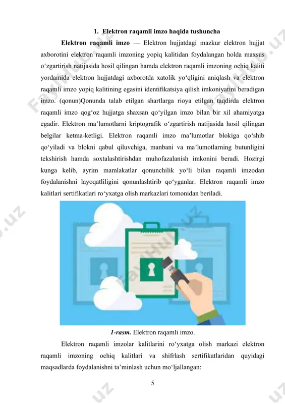 qayta tiklash yoxud uni bekor qilish. elektron raqamli imzo kalit sertifikatining amal qilish muddati - elektron raqamli imzo kaliti ro‘yxatga olingan vaqtdan boshlab 24 oydan oshmasligi kerak. elektron raqamli imzo kaliti sertifikatini https://e-imzo.uz internet manzilidagi shaxsiy kabinet orqali elektron raqamli imzo kaliti sertifikatining amal qilish muddati tugagunga qadar uzaytirib olish mumkin. 2. o`zbekistondaeri kaliti foydalanish kengligi o‘zbekiston respublikasining 2017 yil 11 sentyabrdagi o‘rq-445-sonli “jismoniy va yuridik shaxslarning murojaatlari to‘g‘risida”, gi qonuniga asosan elektron raqamli imzo elektron hujjatni imzolagan shaxsni identifikatsiyalash uchun mo‘ljallangan bo‘lib, qo‘lda qo‘yilgan imzoning to‘kis analogi hisoblanadi hamda elektron hujjatda aks ettirilgan axborotning o‘zgartirilmasligi va avtorlikni tasdiqlash uchun qo‘llaniladi. shuningdek, “jismoniy va yuridik shaxslarning murojaatlari to‘g‘risida”gi o‘zbekiston respublikasi qonunlariga muvofiq, elektron raqamli imzo bilan tasdiqlanmagan murojaatlar anonim murojaatlar deb hisoblanadi. 2-rasm. yagona interaktiv davlat xizmatlardan foydalanib elektron raqamli imzoni olish eri kalitni qanday olish mumkin? elektron raqamli imzo kalitlarini ro‘yxatga olish va elektron raqamli imzo kaliti sertifikatlarini berish …