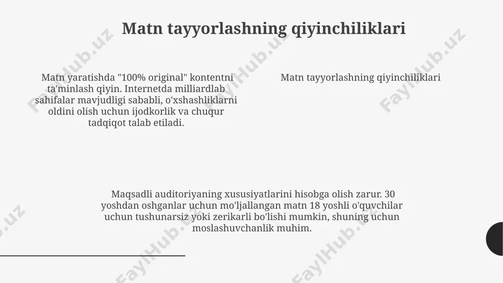 bizda matnlarni tayyorlash uchun resurslar yetishmayapti, ayniqsa 1000 ta sms matni kabi katta hajmlarda. bu vazifa uchun 3-5 mutaxassisni jalb qilish kerak bo'ladi. muammo ta'rifi xulosa xulosa maqolaning oxirgi qismi bo'lib, unda muallif tadqiqot savollariga javob beradi, eng muhim 5-6 ta natijani qayta takidlaydi va tadqiqotning amaliy ahamiyatini ko'rsatadi. xulosa odatda tadqiqotning asosiy natijalari va muhokamalarini qamrab oladi, 3-4 ta asosiy topilmalarni aniq ta'kidlaydi va ularning ahamiyatini 1 yoki 2 jumla bilan izohlaydi. xulosa odatda tadqiqotning asosiy natijalari va muhokamalarini qamrab oladi, 3-4 ta asosiy topilmalarni aniq ta'kidlaydi va ularning ahamiyatini 1 yoki 2 jumla bilan izohlaydi. savol-javob “savol-javob” uslubi turli shakllarda namoyon boʻladi, misol uchun, viktorinalar, 20 savoldan iborat oʻyinlar, intervyular va hatto imtihonlar. unda javoblar qisqa yoki batafsil bo'lishi mumkin. savol-javob malumotlari “savol-javob” jarayoni samaradorligini oshirish uchun aniq savollar berish va 10 soniyadan ortiq boʻlmagan vaqt ichida aniq javoblar olish maqsadga muvofiq. bu ishtirokchilarning faolligini oshiradi. amaliy misollar …