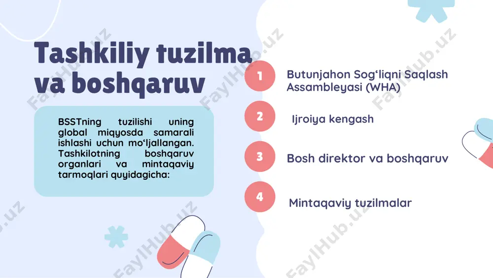 xshilash bsstning asosiy maqsadi.gender tengligi va ijtimoiy adolatni ta’minlash uchun dasturlar kengaytirilmoqda. “uch milliard” maqsadi: bsstning 2019-2023-yillardagi strategik rejasida uchta asosiy maqsad qo‘yilgan edi:1 milliard odamga universal sog‘liqni saqlash qamrovini ta’minlash.1 milliard odamni sog‘liq xavf-xatarlaridan himoya qilish.1 milliard odamning sog‘ligini yaxshilash.bu maqsad 2025-yilda ham davom ettirilmoqda. butunjahon sog‘liqni saqlash tashkiloti global sog‘liqni saqlash sohasida muhim rol o‘ynaydi. u yuqumli va yuqumsiz kasalliklar bilan kurash, pandemiyalarga tayyorgarlik, sog‘liqni saqlash tizimlarini mustahkamlash va atrof-muhit muammolarini yechishda yetakchilik qiladi. o‘zbekistonda bsst sog‘liqni saqlash islohotlari, yuqumli kasalliklar bilan kurash va covid-19 pandemiyasiga qarshi choralar ko‘rishda muhim yordam beradi. xulosa e'tiboringiz uchun rahmat!!!