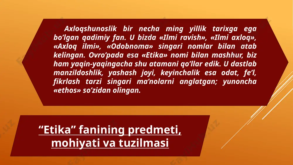 g o’zi biror–bir qadriyatni anglatmaydi, lekin qadriyatlar orasidagi nisbatni belgilaydi, ularni baholash maqomiga ega. ziyolilik ziyolilik tamoyili hozir biz anglaydigan tushuncha ma’nosida nisbatan uzoq tarixga ega emas. u jadidchilik harakati bilan birga yuzaga keldi desak, xato qilmagan bo’lamiz. mehnatsevarlik mehnatsevarlik tamoyili mehnat jarayonida shaxsning o’z–o’zini namoyish etishiga, o’zligini ro’yobga chiqarishiga, o’zgalar bilan munosabatlar o’rnatishiga imkon yaratuvchi axloqiy fazilatdir. u insondan halollikni, intizomni, ishtiyoq va intilishni talab etadi, mehnatga nisbatan sub’ektiv tarzdagi ijobiy munosabatni taqozo qiladi. rostgo’ylik rostgo’ylik yoki to’g’ri so’zlilik insonning haqiqatga intilishi bilan bog’liq, haqiqat esa doimo sinfiylik–tabaqaviylik, partiyaviylik–mafkuraviylik va tarixiylik–davriylikdan yuqori turadi. haqiqatning ifodaviy shakllaridan biri rostgo’ylikdir. xushfe’llilik, shirinsuxanlilik, kamtarinlik, bosiqlik xushfe’llilik, shirinsuxanlilik qay darajadadir ko’proq ixtiyor bilan, kishining ma’lum bir insoniy tabiatga intilishi bilan bog’liq bo’lsa, bosiqlik, kamtarinlik, kamsuqumlik aksincha, ko’proq iroda kuchi natijasida yuzaga keladi. zotan insonning o’z g’azabini bosa bilishi, noroziligini barvaqt bildirmasligi; so’zlagisi, biror–bir gap bilan o’zini ko’rsatgisi kelib qolganda o’sha xohish–ixtiyorni to’xtata olishi …