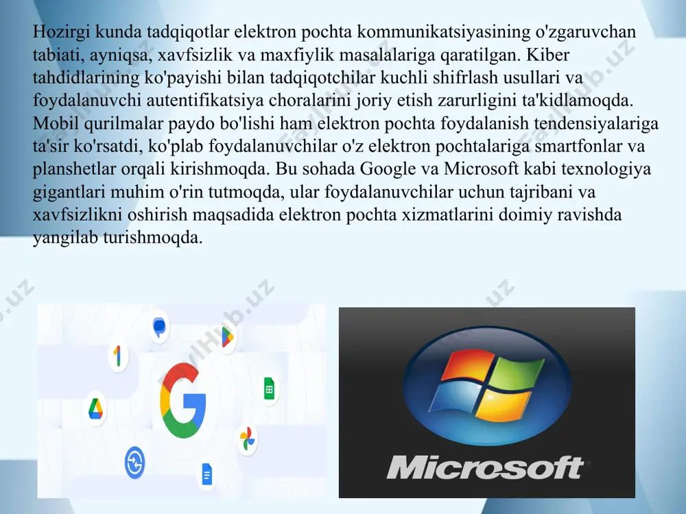 jlanishlarni yanada chuqurroq anglashga yordam beradi va aloqa sohasidagi yangi imkoniyatlarni kashf etishga zamin yaratadi. elektron pochta, yoki email, zamonaviy kommunikatsiya tizimlarida muhim rol o'ynaydi. zamonaviy elektron pochta tizimlari foydalanuvchilarga tez va samarali ravishda ma'lumot almashish imkonini beradi, ammo ushbu tizimlar har xil xavf-xatarlar bilan birga keladi. elektron pochtada xavfsizlik va maxfiylik masalalari, shu jumladan ma'lumotlarni himoya qilish va foydalanuvchi maxfiyligini saqlash, bugungi kunda juda dolzarbdir. birinchidan, elektron pochtaning xavfsizligini ta'minlash uchun bir qator protokollar ishlab chiqilgan. bu protokollar orasida smtp, imap va pop kabi asosiy protokollar mavjud. smtp (simple mail transfer protocol) email yuborishda ishlatiladi, lekin bu protokol o'zining tabiati bilan xatoliklar va hujumlarga nisbatan zaifdir. shuning uchun, email xizmatlari ko'pincha ssl/tls (secure sockets layer/transport layer security) kabi shifrlash texnologiyalaridan foydalanadi, bu esa ma'lumotlarni uzatish jarayonida himoya qiladi.ikkinchidan, foydalanuvchi ma'lumotlari va maxfiyligini ta'minlash bo'yicha bir qancha chora-tadbirlar mavjud. masalan, ko'plab email xizmatlari ikki faktorli autentifikatsiya va parolni kuchaytirish kabi …