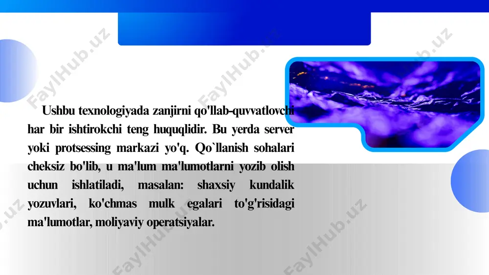qilinmoqda. bu borada sohada amalga oshirilayotgan raqamlashtirish jarayonlari yaxshi natija bermoqda. soliq tizimini raqamlashtirish birinchi navbatda soliq to‘lovchilarning ehtiyoj va imkoniyatlariga qaratilgan bo‘lishi lozim. mexanizm qanchalik qulay va sodda bo‘lsa, fuqarolarga davlat oldidagi barcha soliq majburiyatlarini o‘z vaqtida bajarish shunchalik oson bo‘ladi. bugungi kunda jahonda keng tarqalib borayotgan blokcheyn texnologiyasini soliq ma’murchiligi, jumladan, qo‘shilgan qiymat solig‘i (qqs) mexanizmiga joriy etish soliq nazorati tizimini soddalashtirish, buxgalteriya hisobi, to‘lovlar va aktivlarni o‘tkazish hamda hisobga olish jarayonini avtomatlashtirishda katta imkoniyatlarni yaratadi. mazkur texnologiyadan nafaqat taraqqiy etgan mamlakatlarda, balki rivojlanayotgan mamlakatlarda, shu jumladan, o‘zbekistonda ham ko‘plab sohalarda (iqtisodiyot, moliya, davlat kadastri va kartografiya, pul o‘tkazmalari, sog‘liqni saqlash va h.k.) foydalanish imkoniyatlari o‘rganilmoqda. e`tiboringiz uchun rahmat image1.png image2.svg image3.png image4.png image5.png image6.svg image7.png image8.svg image9.png image10.png image11.svg image12.png image13.svg image14.png image15.png image16.png image17.svg image18.jpeg image19.png image20.svg image21.png image22.svg image23.jpeg image24.png image25.svg image26.png image27.svg image28.png image29.svg image30.png image31.svg image32.png image33.svg image34.png image35.svg image36.png image37.jpeg image38.png image39.svg …
