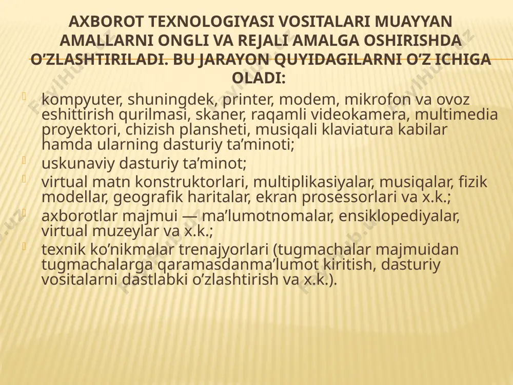 tasida taqdim etish, talabalarda fan asoslariga qiziqishni va faollikni oshirishga olib kelishi bilan muhim ahamiyat kasb etadi. pedagogik dasturiy vositalarni quyidagilarga ajratish mumkin: o’rgatuvchi dasturlar – o’quvchilarning bilim darajasi va qiziqishlaridan kelib chiqib yangi bilimlarni o’zlashtirishga yo’naltiradi; test dasturlari – egallangan bilim, malaka va ko’nikmalarni tekshirish yoki baholash maqsadlarida qo’llaniladi; mashq qildiruvchi (trenejyor)lar - avval o’zlashtirilgan o’quv materialini takrorlash va mustahkamlashga xizmat qiladi; o’qituvchi ishtirokidagi virtual o’quv muhitini shakllantiruvchi dasturlar (virtual borliq tizimlari). pedagogik dasturiy vositalarga qo’yiladigan didaktik talablarga quyidagilar kiradi: ilmiylik, tushunarli, qat’iy va tizimli bayon etilishi bilan birgalikda (pedagogika, psixologiya, informatika, ergonomikaning asosiy tamoyillarini, zamonaviy fanning fundamental asoslarini hisobga olib, o’quv faoliyati mazmunini qurish imkoniyatini ta’minlash), uzluksizlik va yaxlitlik (ilgari o’rganilgan bilimlarning mantiqiy oqibati hamda to’ldiruvchisi hisoblanadi), izchillik, muammolilik, ko’rgazmalilik, faollashtirish (o’qitish mustaqilligi hamda faollilik xususiyatining mavjudligi), o’qitish natijalarini o’zlashtirish mustahkamliligi, muloqotning interfaolliligi, o’qitish, tarbiyalash, rivojlantirish va amaliyotning yaxlit birligi. metodik talablarga quyidagilar kiradi: aniq o’quv fanining o’ziga …