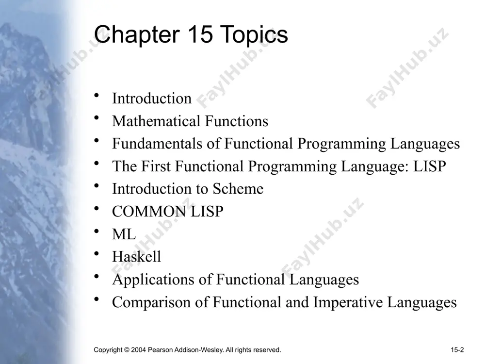 composition a functional form that takes two functions as parameters and yields a function whose value is the first actual parameter function applied to the application of the second form: h  f ° g which means h (x)  f ( g ( x)) for f (x)  x * x * x and g (x)  x + 3, h  f ° g yields (x + 3)* (x + 3)* (x + 3) copyright © 2004 pearson addison-wesley. all rights reserved. 15-9 functional forms 2. construction a functional form that takes a list of functions as parameters and yields a list of the results of applying each of its parameter functions to a given parameter form: [f, g] for f (x)  x * x * x and g (x)  x + 3, [f, g] (4) yields (64, 7) copyright © 2004 pearson addison-wesley. all rights …
