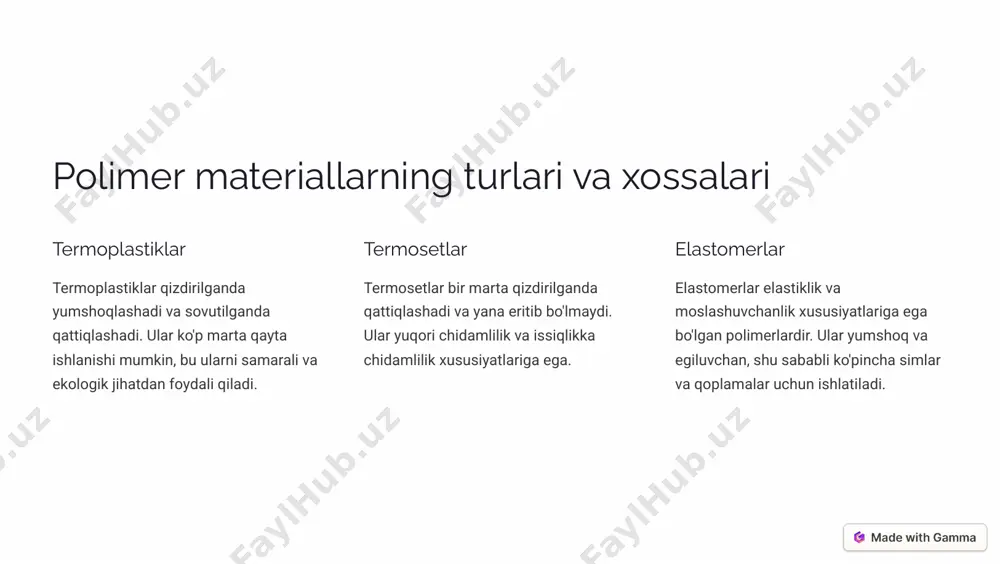 atan arzon material bo'lganligi sababli, elektron qurilmalarni ishlab chiqarish xarajatlarini pasaytiradi. 4 e«p¨øä �(¾«�aøì��aì� plastiklar elektr tokini o'tkazmaydi, bu esa ularni elektron qurilmalarda izolyatsiya qilish uchun ishlatishga imkon beradi. https://gamma.app/?utm_source=made-with-gamma polimerlar asosida tayyorlangan mikroskopik qismlar mikrosxemalar polimerlar mikrosxemalarning qoplamasini yaratishda ishlatiladi, bu ularni himoya qiladi va ishlashini ta'minlaydi. tranzistorlar polimerlar tranzistorlarni ishlab chiqarishda qo'llaniladi, bu esa kichikroq, samaraliroq va arzonroq qurilmalarni yaratishga imkon beradi. kondensatorlar polimerlar kondensatorlarni ishlab chiqarishda ishlatiladi, bu esa elektron qurilmalarning energiya samaradorligini oshirishga yordam beradi. rezistorlar polimerlar rezistorlarni ishlab chiqarishda qo'llaniladi, bu esa elektron qurilmalarning elektr oqimini boshqarishga yordam beradi. https://gamma.app/?utm_source=made-with-gamma m�¨ä¾c��á«aä �a �«aäµ�µ� á«aìø�¨ ¨¾äá�ì«aä� 1 plastik korpus mikrochipni mexanik shikastlanishlardan himoya qiladi. 2 plastik korpus mikrochipni issiqlik va namlikdan himoya qiladi. 3 plastik korpus mikrochipni elektromagnetik shovqinlardan himoya qiladi. 4 plastik korpus mikrochipni osongina yig'ish va joylashtirishga imkon beradi. https://gamma.app/?utm_source=made-with-gamma odam tanasida qo'llaniladigan biopolimerlar 1 sun'iy organlar biopolimerlar yordamida sun'iy organlar yaratish mumkin. 2 …