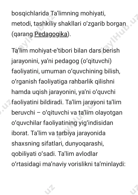 ʻquvchining bilish qobiliyatini oʻstiruvchi asosiy omildir. oʻquvchilar qobiliyatini oʻstirishga qaratilgan tizimlar muayyan didaktik qoidalar tarzida namoyon boʻladi. didaktik tamoyillarda taʼlimning mazmuni va jarayonlariga qoʻyilgan talablar belgilanadi (qarang didaktika). taʼlimning maqsadi va vazifalari ijtimoiy tuzum, shuningdek muayyan oʻquv yurtlari funksiyasiga muvofiq tarixan oʻzgarib boradi. oʻzbekiston respublikasining 1997-yil 29- avgustda qabul qilingan „taʼlim toʻgʻrisida“gi qonuni va kadrlar tayyorlash milliy dasturi taʼlim tizimining barcha yoʻnalishlarini takomillashtirish va rivojlantirish uchun keng imkoniyatlar ochib berdi. 1996-yildan boshlab lotin imlosiga asoslangan yangi oʻzbek alifbosi joriy etildi va shu yildan boshlab yangi yozuv asosida dasturlar, qoʻllanmalar va darsliklar yaratishga kirishildi, oʻqituvchilar lotin imlosi https://uz.m.wikipedia.org/wiki/didaktika asosidagi yangi oʻzbek alifbosi boʻyicha qayta tayyorlash kurslaridan oʻtkazildi. xalq taʼlimi boʻlimlari qoshida bolalarni maktab taʼlimiga tayyorgarligini belgilaydigan „tashhis markazlari“ tashkil etildi. oʻquvchilarning bilim va koʻnikmalarini reyting asosida nazorat qilish, maktab bitiruvchilarini yakuniy attestatsiyasini kompyuter yordamida test orqali amalga oshirish, taʼlim amaliyotini diagnostik taxdil etish, taʼlim muassasalarida marketing tizimidan foydalanish kabi qator pedagogik …