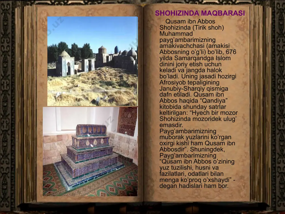 imcha dahma sifatida temuriyzodalar jasadi qo’yilgan. oqsaroy abu sayyid va sulton ahmad mirzo hukmronligi davrida qurilgan. bugun oqsaroy ta’mirlanmoqda. qadimiy shuxrati tiklanmoqda. viloyat hokimining 81-qarori bilan 1995 yil 24 aprelda oxunboboev ko’chasining bir qismi oqsaroy ko’chasi deb o’zgartirildi. sherdor madrasasi mazkur madrasa xvii asr me’morchiligi yutuqlari asosida qurilgan. madrasaning old tomoni ulkan peshtoq bilan bezatilgan. peshtoq ravog`i tepasidagi timpanda qizg`ish-zarhal sher oq ohuni quvlamoqda. quyosh bodomqovoq, qiyiq ko’zli yuz shaklida tasvirlanadi. madrasa peshtoqidagi sher, ohu va quyosh tasvirlari shu ma’nodaki, quyosh- shamsiy yilning beshinchi oyi asad (sher), o’ninchi oyi esa jaddiy(kiyik ohu) dir. asad o’n ikki burj oylarining burji otash, ya’ni o’z oylari guruhga kirsa, jaddiy burji ob- qish oylariga kiradi. madrasaning qurila boshlashi va tugallanishi shu oylarga to’g`ri kelgan bo’lishi ehtimol. madrasa peshtoqida yalangto’shbiy bahodirni ulug`lovchi she’rlar bitilgan xoja doniyol mozori afrosiyob qo’rg`onining kun chiqar tomonida- siyob arig`ining yoqasidadir (un zavodi yonida). ba’zilar uni qusam ibn abbosning yaqinlaridan bo’lgan, …