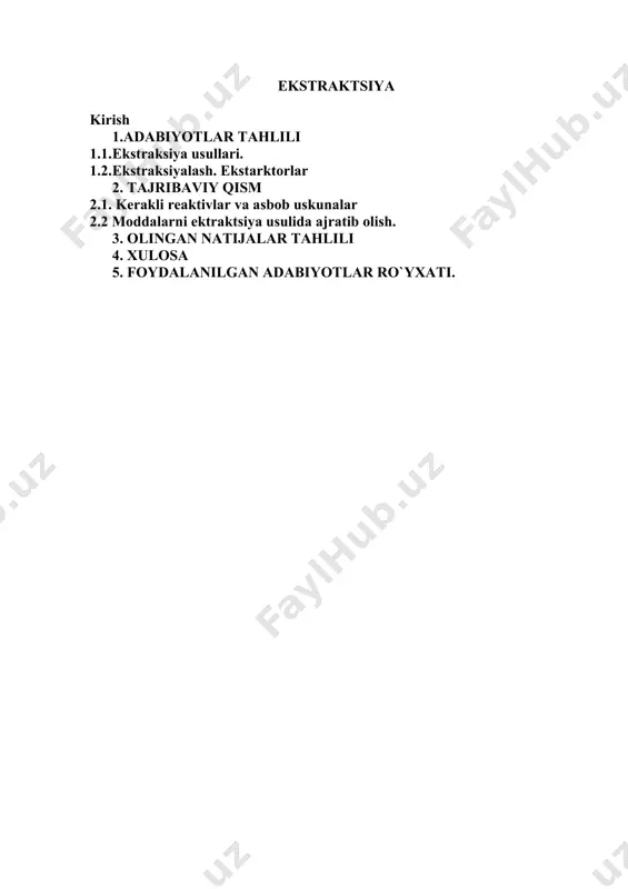 nish, xom ashyo tarkibini sifat va miqdor analiz qilishda asosan xo`l usulardan keng fodalaniladi. shuning uchun ekstraktsiya usulida moddalarni ajratib olib uni keng ommaga namoyish etishdur. kurs ishining ilmiyligi. kurs ishining ilmiyligi shundaki, hozirgacha olingan adabiyot ma’lumotlariga ko’ra ekstraktsiyausulini boshqa usullar bilan solishtirish va taqqoslab qulay va samarali usullarni tanlash tanlash. 1.1 ekstraksiya usullari. ekstraksiyalashning asosiy usullari amaliyotda suyuqlik aralashmalarini ekstraksiyalashning quyidagi usullari qo׳llaniladi: 1) dastlabki aralashma va ekstragentni bir marotaba kontaktiga asoslangan jarayon (bir pog`onali ekstraksiyalash); 2) har bir pog`onada toza erituvchi ishlatish yo׳li bilan ekstraksyalash (ko׳p pog`onali ekstraksiyalash); 3) bitta yoki ikkita erituvchi yordamida qarama-qarshi oqim bilan ko׳p bosqichli ekstraksiyalash (ko׳p pog`onali ekstraksiyalash). birinchi va ikkinchi usullar kichik hajmli ishlab chiqarishlarda hamda laboratoriya sharoitlarida qo׳llaniladi. sanoat miqyosida uchinchi usuldan, ya’ni fazalarning qarama-qarshi oqimidan foydalaniladi. qaysi bir usul qo׳llanishidan qat’iy nazar, ekstraksiyalash jarayoni erituvchini regenerasiya qilish bilan birga olib boriladi. regenerasiyaning maqsadi eritmalar tarkibidagi kerakli komponentlarni ajratib olish va …