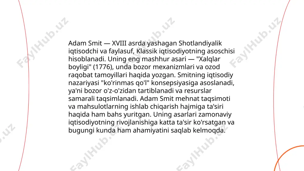 oshganda esa narxlar ko'tariladi. narxlar uzoq muddatda ishlab chiqarish xarajatlari atrofida kelishadi. klassik iqtisodiyotda bozorning o'zini-o'zi tartibga solishi kuchli ta'kidlanadi va narxlar resurslarni samarali taqsimlashda muhim rol o'ynaydi. bu vaqtda davlatning iqtisodiy faoliyatga aralashuvi minimal hisoblanadi. ... t.me/slaydai_bot klassik iqtisodiyot maktabi xvii-xix asrlarda shakllangan va asoschisi adam smit hisoblanadi. bu maktab bozor iqtisodiyoti va erkin raqobatni qo'llab-quvvatlaydi. mulkchilik huquqi esa iqtisodiy resurslar samarali taqsimlanishi va iqtisodiy o'sishni rag'batlantirishga asoslangan. klassik iqtisodiyot mulkchilik huquqini turli shaklda belgilaydi: xususiy, davlat va aralash mulkchilik. klassik iqtisodiy maktab nazariyalarida mulkchilik huquqi resurslar samaradorligini oshirish vositasi sifatida ko'riladi. ushbu nazariyalar xo'jalik yuritishning bazaviy qoidalarini shakllantirishda katta ahamiyatga ega. mulkchilik huquqi iqtisodiyotda resurslarni taqsimlashdagi asimmetriya muammolarini hal etishga yordam beradi. ... t.me/slaydai_bot 13. jamiyat farovonligi va klassik iqtisodiyot jamiyat farovonligi va klassik iqtisodiyot fani iqtisodiy resurslarni samarali taqsimlash va ishlab chiqarishni kengaytirishda jamiyatning umumiy farovonligini qanday oshirish mumkinligini o‘rganadi. klassik iqtisodiyotda adam smitning "ko‘rinmas qo‘l" nazariyasi …