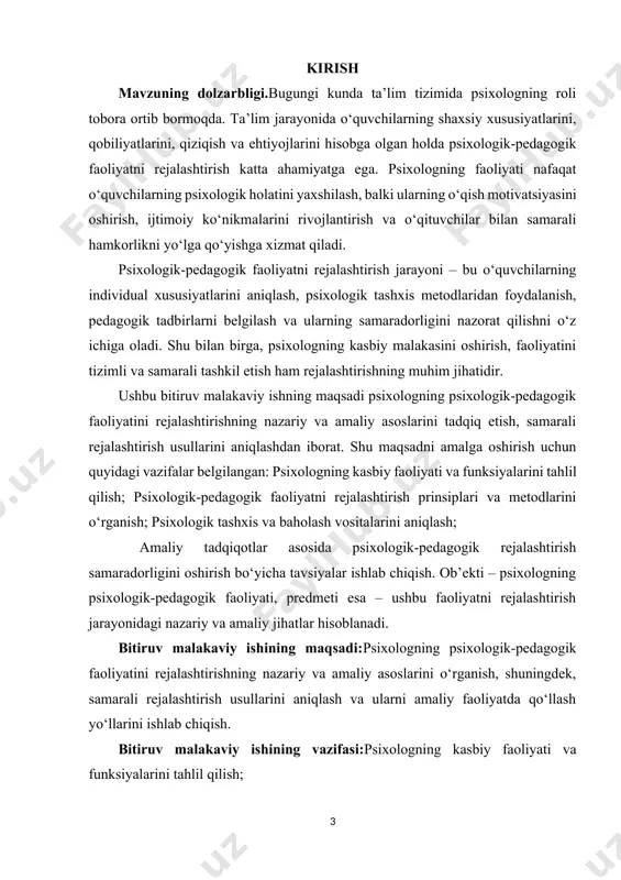 aragrf 50 sahifa xulosa va foydalanilgan adabiyotlardan tashkil topgan. i.bob. psixologning faoliyati va uning nazariy asoslari 1.1. psixologik-pedagogik faoliyat tushunchasi psixologik-pedagogik faoliyat – bu psixologning shaxslarning psixologik rivojlanishini, o‘quv jarayonidagi qiyinchiliklarini, individual xususiyatlarini aniqlash va ularni hisobga olgan holda pedagogik yordam ko‘rsatish jarayonidir. ushbu faoliyat shaxslarni rivojlantirishga, ularning psixologik salomatligini ta’minlashga va o‘quv jarayonini samarali tashkil etishga qaratilgan. psixologik-pedagogik faoliyat quyidagi asosiy jihatlarni o‘z ichiga oladi:nazariy asoslar – psixologik va pedagogik bilimlar, shuningdek, inson psixikasini o‘rganishga qaratilgan ilmiy tadqiqotlar. amaliy faoliyat – o‘quvchilar, o‘qituvchilar va ota-onalar bilan ishlash, psixologik diagnostika va konsultatsiya, individual va guruh bo‘yicha psixologik yordam ko‘rsatish. rejalashtirish – faoliyatni tizimli va maqsadli ravishda tashkil etish, tadbirlar va intervensiyalarni oldindan belgilash. psixologik-pedagogik faoliyat shaxsning ijtimoiy, emotsional va kognitiv rivojlanishini qo‘llab-quvvatlashga yo‘naltirilgan bo‘lib, uning samarali tashkil etilishi o‘quv jarayonining muvaffaqiyati va o‘quvchilarning o‘zini-o‘zi rivojlantirish imkoniyatlariga bevosita ta’sir qiladi. shu bilan birga, psixologning faoliyati nafaqat shaxsga, balki pedagoglar va ta’lim …