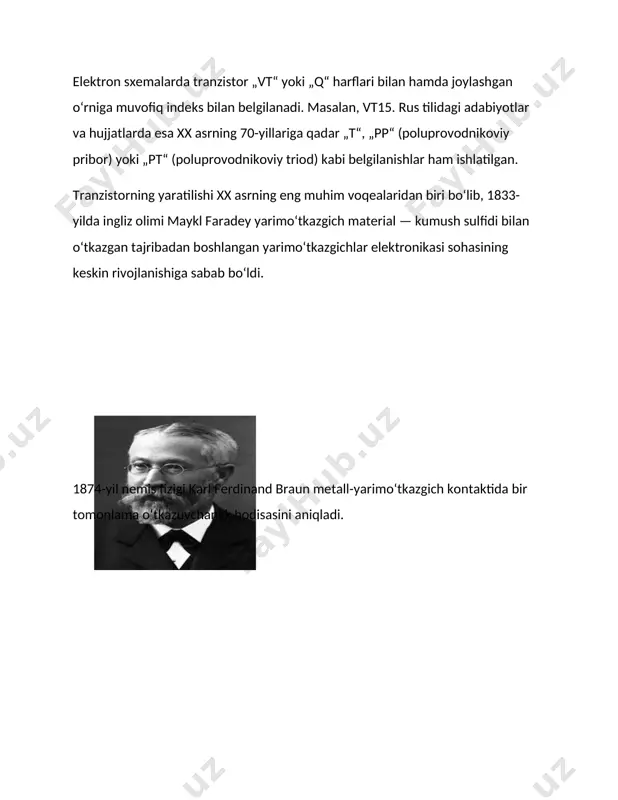 ha yoʻllar bilan kashf qilingan. maydoniy tranzistor yoki unipolyar tranzistorlarning yaratilishi avstriya-vengriyalik fizik yuliy edgar lilienfild nomi bilan bogʻliq. u tokni boshqarishning yangi yoʻlini taklif qilgan. u taklif qilgan usulga koʻra, tok uzatish yoʻli boʻylab unga koʻndalang elektr maydon qoʻyiladi. bu elektr maydon zaryad tashuvchilarga taʼsir qilib, oʻtkazuvchanlikning yoʻnalishini oʻzgartiradi. ushbu kashfiyot uchun kanada (1925-yil 22-oktabrda) va germaniyada (1928-yilda) patent olgan. unipolyar tranzistor 1934-yilda nemis fizigi oskar xayl ham buyuk britaniyada ixtiro qilgan „kontaktsiz rele“si uchun patent olgan. maydoniy tranzistorlar sodda elektrostatik effektga asoslangan va unda kechadigan jarayonlar bipolyar tranzistorlarga qaraganda oddiy boʻlishiga qaramasdan toʻliq ish holatidagi maydoniy tranzistorlarni yasash uchun juda koʻp vaqt ketdi. 1920-yilda patentlangan va hozirda kompyuter sanoatining asosini tashkil etadigan birinchi mds maydoniy tranzistor birinchi boʻlib 1960-yilda amerikalik olimlar kang va atallaning ishidan soʻng yaratilgan boʻlib, ular kremniy sirtini oksidlash orqali uning sirtida dielektrikining kremniy dioksidining juda yupqa qatlamini hosil qilishni taklif qildilar. bu qatlam oʻtkazgich …