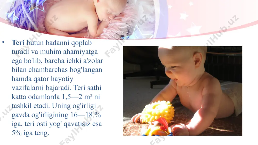 iya klinik turlari epidermal dermal epidermodermal akantoz, giperkeratoz dermaning surgichsimon qavatida yalligli infiltrat papillomatoz , almashuv moddalarning tuplanishi akantoz ,granulez , giperkeratoz , dermaning surgishsimon qavatida infiltrat miliarniye lentikular,numullar,har hil shakkli va konsistenciyali tugunchqalar va pilakchalar turi gistopatologiya yalligli yalligsiz derma va gipodermaning chuqur qavatlarining produktiv yalliglanishi almashuv moddalarning tuplanishi ( holesterin ,kalciy ) –almashuv natijasida usimtalar hujayralarning klonini proliferaciyasi tugunlarning turlari образец текста второй уровень третий уровень четвертый уровень пятый уровень e’tiboringiz uchun rahmat! image2.jpeg image4.jpeg image5.jpeg image6.jpeg image7.png image8.gif image9.jpeg image10.jpeg image11.jpeg image12.jpeg image13.jpeg image14.gif image1.jpeg /docprops/thumbnail.jpeg