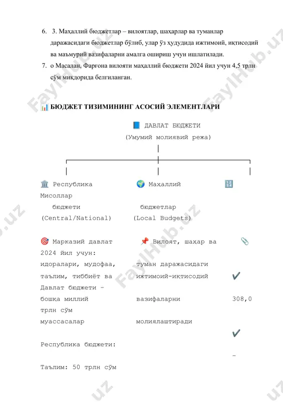 ар) ↓ 2️⃣ тасдиқлаш (олий мажлис/парламент) ↓ 3️⃣ ижро этиш (вазирлар маҳкамаси, маҳаллий ҳокимият) ↓ 4️⃣ назорат (ҳисоб палатаси, солиқ қўмитаси) 📌 мисол: ✔️ парламент – йил бошида бюджетни **тасдиқлайди** ✔️ ҳар чоракда – ижро **ҳисоботи тайёрланади** бюджет тузилмасининг асосий даражалари: 1. республика (марказий) бюджети бу мамлакат миқёсидаги энг юқори бюджет бўлиб, у орқали миллий миқёсдаги соҳа ва соҳалар молиялаштирилади. 2. • функцияси: мудофаа, ташқи ишлар, марказий давлат идоралари, умумреспублика дастурларини молиялаштириш. 3. • мисол: 2024 йилда ўзбекистон республикаси давлат бюджети даромадлари 308,0 трлн сўм, харажатлари 320,0 трлн сўм этиб белгиланган. 4. . қорақалпоғистон республикаси бюджети ўзбекистон таркибидаги суверен республика бўлган қорақалпоғистоннинг мустақил бюджетидир. у ўз ҳудудида ижтимоий ва иқтисодий дастурларни амалга оширади. 5. • мисол: 2024 йил учун қорақалпоғистон бюджети 3,2 трлн сўм миқдорида шакллантирилган ва марказий бюджетдан 2,1 трлн сўм субвенция ажратилган. 2-савол. бюджет тузилмаси деганда нима тушунилади ва у қандай даражалардан иборат? 🏛 бюджет тузилмасининг асосий даражалари …