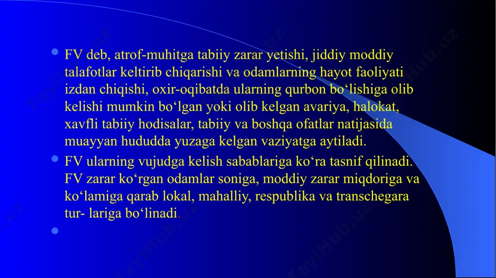 chegara fv 4 1. lokal fv — favqulodda vaziyat natijasida 10 dan ortiq bo‘l- magan odam jabrlangan yoxud 100 dan ortiq bo‘lmagan odamning hayot faoliyati buzilgan yoxud moddiy zarar fv paydo bo‘lgan kundan eng kam oylik ish haqi miqdorining ming baravaridan ortiq bo‘lmaganini tashkil etadigan hamda favqulodda vaziyat zonasi ishlab chiqarish obyekti hududi tashqarisiga chiqmaydigan holatlar 2. mahalliy fv — favqulodda vaziyat natijasida 10 dan ortiq, biroq 500 dan ko‘p bo‘lmagan odam jabrlangan yoxud 100 dan ortiq, biroq 500 dan ko‘p bo‘lmagan odamning hayot faoliyati sharoitlari buzilgan, yoxud moddiy zarar favqulodda vaziyat paydo bo‘lgan kunda eng kam oylik ish haqi miqdorining ming baravari- dan ortig‘ini (biroq 0,5 million baravaridan ko‘p emas) tashkil etadigan hamda favqulodda vaziyat zonasi aholi punkti, shahar, tuman, viloyat tashqarisiga chiqmaydigan favqulodda vaziyatlar 3. respublika miqyosidagi fv — 500 dan ortiq odam jabrlan- gan yoxud 500 dan ortiq odamning hayot faoliyati sharoitlari buzilgan, yoxud moddiy zarar favqulodda …