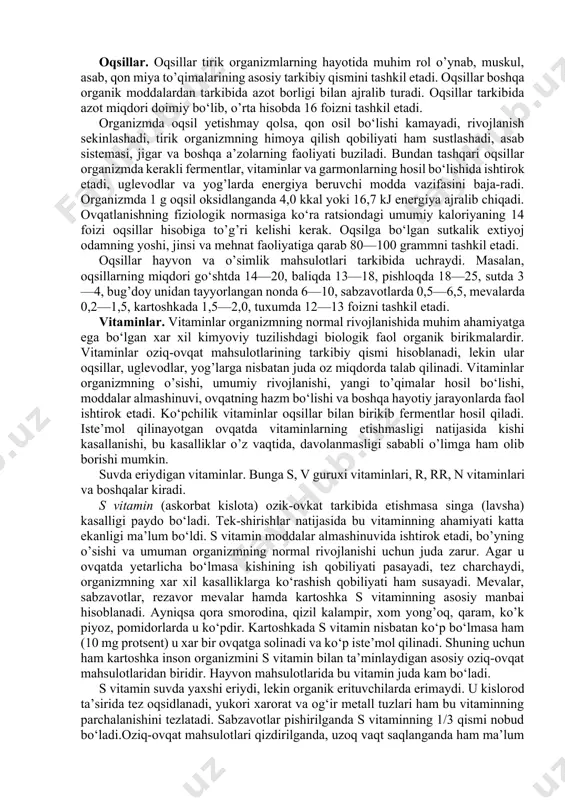 ga olinadi. uglevodlarga bo‘lgan kundalik extiyoj 500—600 grammni tashkil etadi. 1 g uglevod to’lik hazm bo‘lganda 15,7 kj (kilojoul) energiya beradi. uglevodlar faqat energiya manbaigina bo‘lib qolmasdan, ular organizmda hayotiy jarayonlarda muhim rol o’ynaydigan birikmalar, oqsillar, yog‘lar hosil bo‘lishida ham ishtirok etadi. uglevodlar asosan usimliklar olamida keng tar-kalgan bo‘lib, ular tarkibiy qismining 80—90 foizini tashkil etadi. uglevodlar fotosintez jarayoni natijasida xosil bo‘ladi. oziq-ovqat mahsulotlari tarkibida uglevodlarning miqdori xilma-xildir. hayvon, parranda va baliq go‘shti tarkibida uglevodlar, deyarli bo‘lmaydi; faqat sut va sut mahsulotlarida uglevodlar sut qandi ko‘rinishida 3 dan 5 foizgacha uchraydi. quritilgan shakar solib ishlangan, quyultirilgan sut bundan mustasnodir, chunki bu mahsulotlarda uglevodlar miqdori 50—60 foizgacha bo‘ladi. uglevodlarning umumiy mikdori meva va rezavor mevalarda 8—20 foizni, sabzavotlarda 2—10 foizni tashkil etadi. don, yorma va non mahsulotlari uglevodlarga boydir. masalan, donning tarkibida uglevodlar miqdori 52—84 foiz, nonda esa 40—70 foizni tashkil kiladi. kartoshka tarkibida ham uglevodlar kraxmal ko‘rinishida uchrab, uning mikdori …