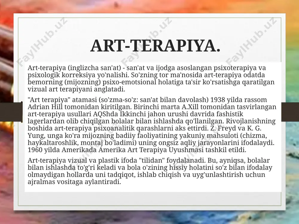 bostirishga odatlangan fikrlar va his-tuyg'ularni ishlab chiqishga imkon beradi. ongsiz ichki qarama-qarshiliklar va tajribalarni og'zaki ifodalashdan ko'ra vizual tasvirlar yordamida ifodalash osonroq bo'lishi mumkin. art-terapiyaning qo'shimcha mahsuloti - bu yashirin iste'dodlarni kashf qilish va ularni rivojlantirish natijasida yuzaga keladigan qoniqish hissi. asosiy maqsad - o'zini namoyon qilish qobiliyatini rivojlantirish orqali shaxsiyat rivojlanishini uyg'unlashtirish. art-terapiya quyidagilarga yordam beradi: 1. ichki mojarolar va kuchli his-tuyg'ulardan chiqarish. 2. o'z-o'zini hurmat qilish darajasini oshirish. 3. ijodkorlikni rivojlantirish. 4. muloqot ko'nikmalarini oshiradi. 5. psixosomatik, nevrotik va emotsional buzilishlarni bartaraf qiladi. 6. inqiroz sharoitlarini barqarorlashtiradi, ya'ni bolalarning aqliy rivojlanishini optimallashtiradi. art-terapiyaning maqsad va vazifalari: • diagnostik • profilaktika • tuzatuvchi • terapevtik • tartibga soluvchi • rivojlanayotgan • davolovchi • uyg'unlashtiruvchi • kommunikativ • ijtimoiylashuv art-terapiya metod sifatida art terapiya - bu metod (psixologiya va psixoterapiya). ko'rib chiqilayotgan usulni art-terapiya emas, balki badiiy tuzatish va badiiy rag'batlantirishga bo'lingan badiiy amaliyotlar deb atash tavsiya etiladi. art korreksiya …