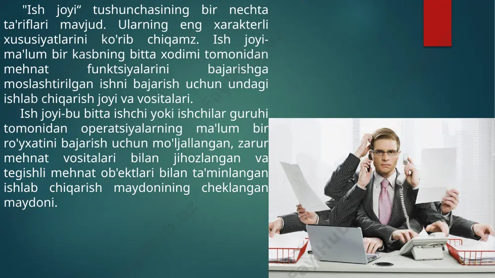 ichiga oladi: - standart (tartibga solingan), - rejalashtirilgan profilaktika, - navbatchi. ish joylarini attestatsiyadan o'tkazish-har bir ish joyini zamonaviy texnik-texnologik, tashkiliy-iqtisodiy va ijtimoiy talablarga muvofiqligini har tomonlama baholashni o'z ichiga olgan chora-tadbirlar majmui. sertifikatlashtirishning maqsadi ishlab chiqarish samaradorligini, mahsulot sifatini oshirish va keraksiz va samarasiz ish o'rinlarini aniqlash asosida korxonalarda asosiy vositalar va mehnat resurslaridan oqilona foydalanish, shuningdek modernizatsiya qilish, qo'lda va og'ir jismoniy mehnatdan foydalanishni kamaytirish, mehnatning mazmuni va jozibadorligini oshirishdir. ish joylarini sertifikatlash va ratsionalizatsiya qilish. sertifikatlash ishlarining birinchi bosqichi ish joylarini hisobga olishdir. buxgalteriya hisobining to'liqligi va ishonchliligini ta'minlash uchun har bir ish joyiga "ish joyining pasporti" beriladi, u aks ettiruvchi bo'limlardan iborat: - ish joyi va unda band bo'lgan ijrochilarning qiyosiy miqdoriy va sifat tavsifi, shuningdek uni ratsionalizatsiya qilish bo'yicha xulosalar va tadbirlar; - uskunalar va texnologik uskunalarning xususiyatlari; - mehnat jarayonining tavsifi; - ish joyini tashkil etishning tavsifi; - mehnat sharoitlari; - xom ashyo va …