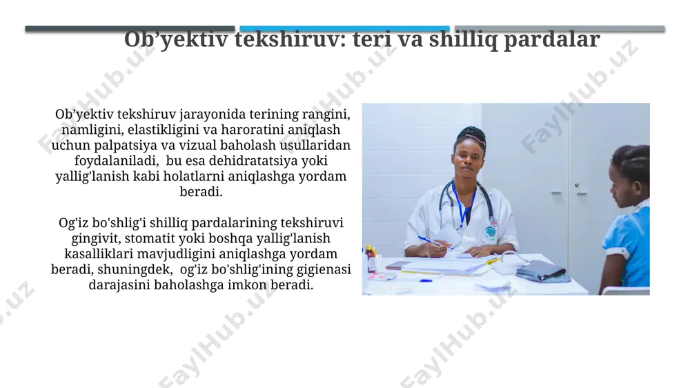 a mushaklarning elektr faolligini baholash orqali 12 ta yoki undan ortiq o'zgarishlarni aniqlab, diagnostika jarayoniga qo'shimcha yordam beradi. diagnostika diagnostika jarayonida bemorning shikoyatlari va anamnezini batafsil o'rganish, kamida 5 ta asosiy tizim (yurak-qon tomir, nafas olish, ovqat hazm qilish va boshqalar) bo'yicha 20 dan ortiq savollar berishni o'z ichiga oladi. ob'ektiv tekshiruv diagnostika jarayonida tananing 12 ta asosiy sohasini (bosh, bo'yin, ko'krak qafasi va boshqalar) palpatsiya, perkussiya va auskultatsiya qilish kabi fizik tekshiruv usullarini o'z ichiga oladi. bemorning subyektiv tekshiruvi: hayot tarixi oilaviy anamnezda irsiy moyillikni aniqlash uchun 3 avlod (ota-ona, buvi-bobo, farzandlar) haqida ma’lumot to‘plash kerak, ayniqsa, tekshirilayotgan kasallik bilan bog‘liq ma’lumotlar muhim. bemorning ijtimoiy holati, kasbi, yashash sharoiti, zararli odatlar (chekish, ichimliklar) kabi omillarni aniqlash diagnostika jarayonida muhim rol o‘ynaydi, bu 20% holatlarda prognozga ta’sir qiladi. ob’yektiv tekshiruv: siydik-jinsiy tizimi siydik tahlili, shu jumladan, uning rangi, hidi, zichligi va ph qiymati, shuningdek, mikroskopik tekshiruv orqali siydikda eritrotsitlar, leykotsitlar …